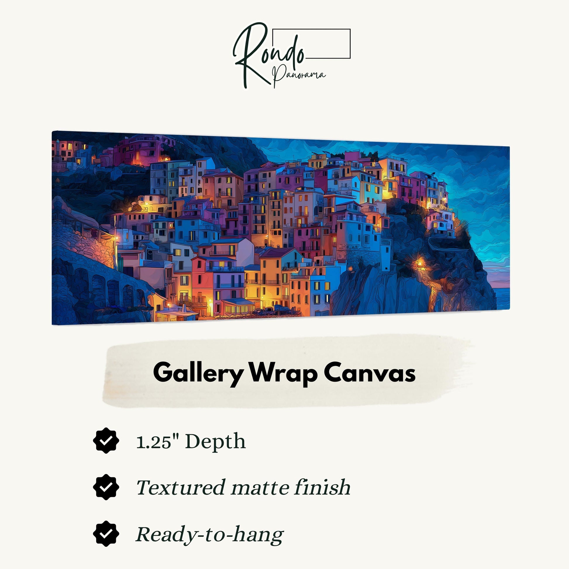 The image is a large canvas painting depicting a colorful, densely packed cityscape with buildings illuminated at night.