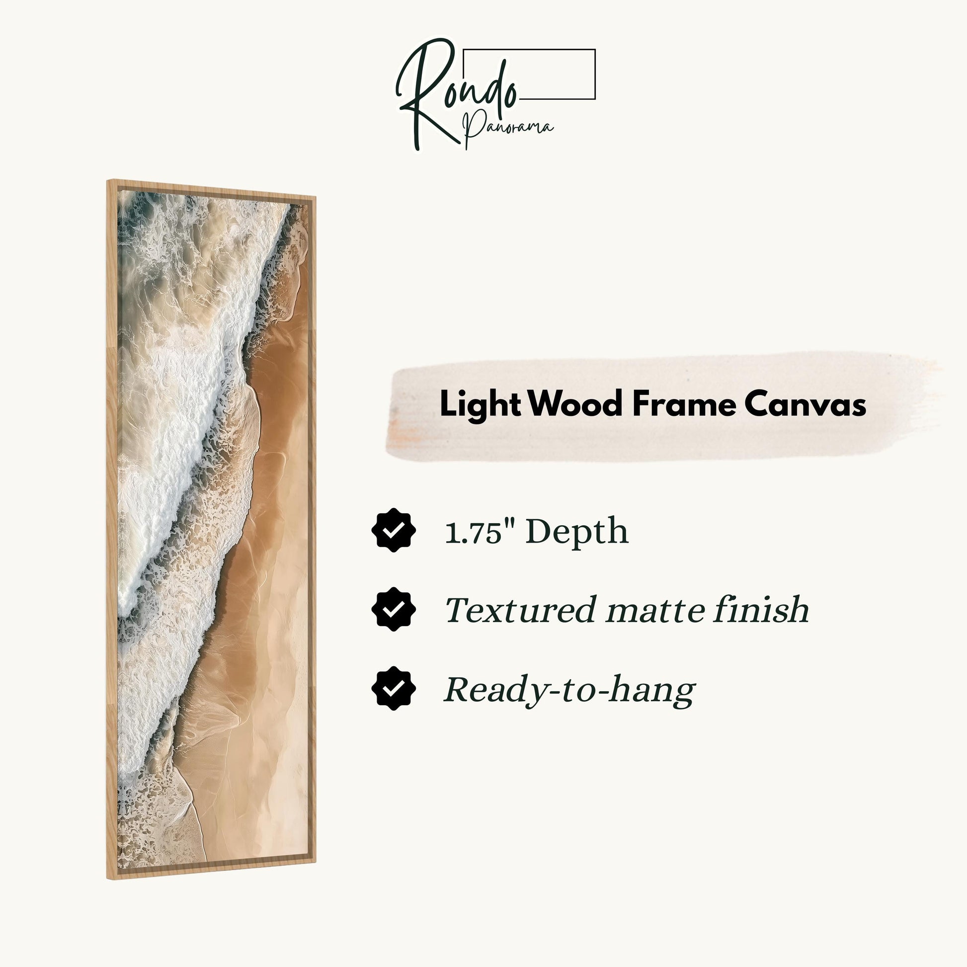 The image is a product description for a light wood frame canvas. It features a close-up of a textured finish and a 1.75" depth. The canvas is ready to hang.