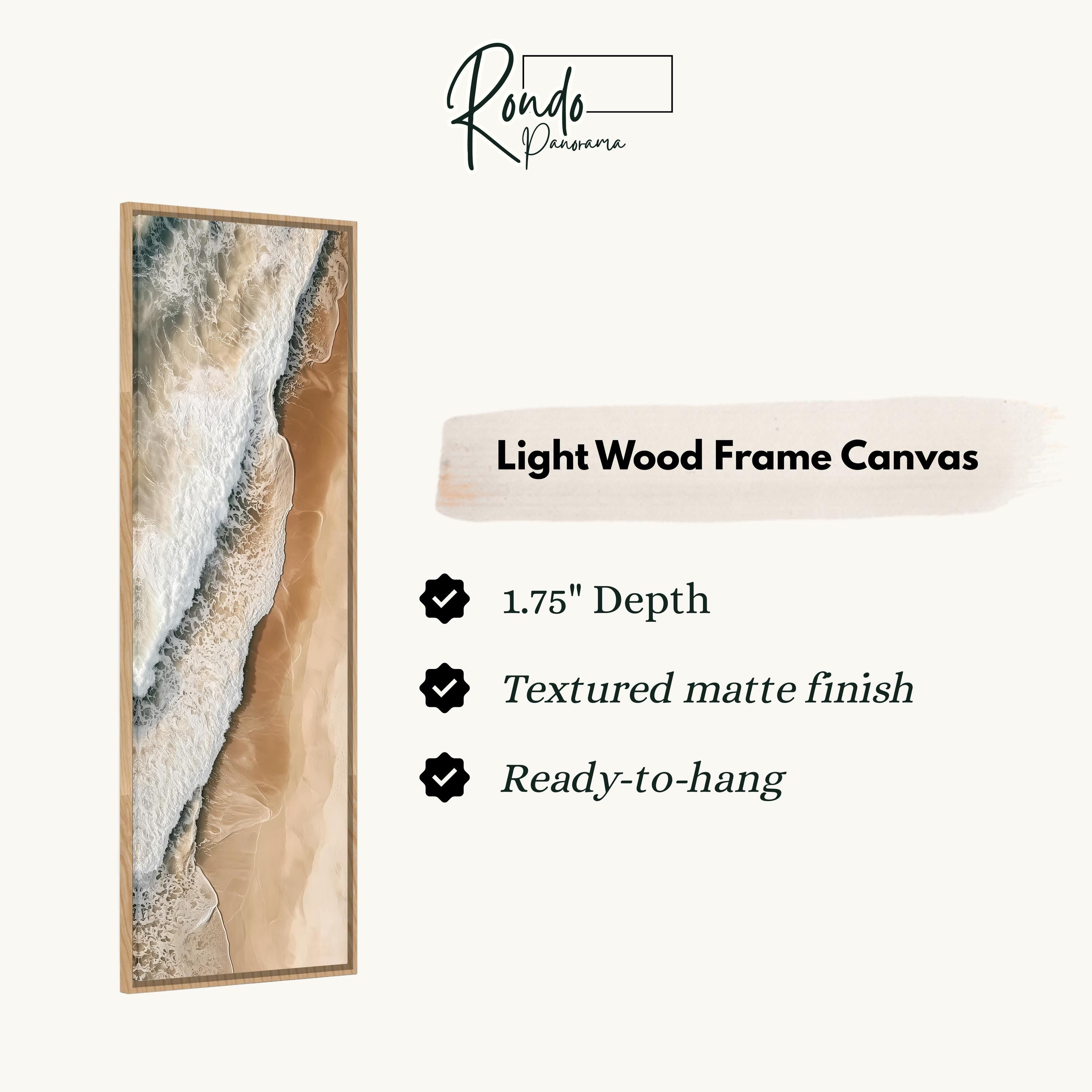 The image is a product description for a light wood frame canvas. It features a close-up of a textured finish and a 1.75" depth. The canvas is ready to hang.