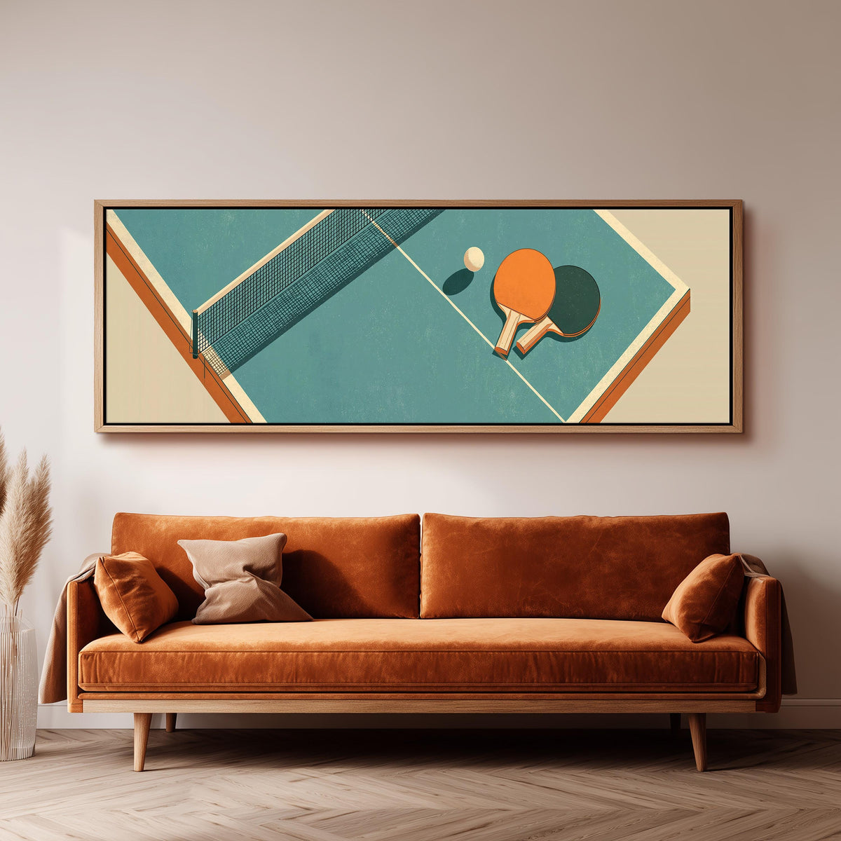 Retro ping pong table wide panoramic canvas print above a bench in a dark living room