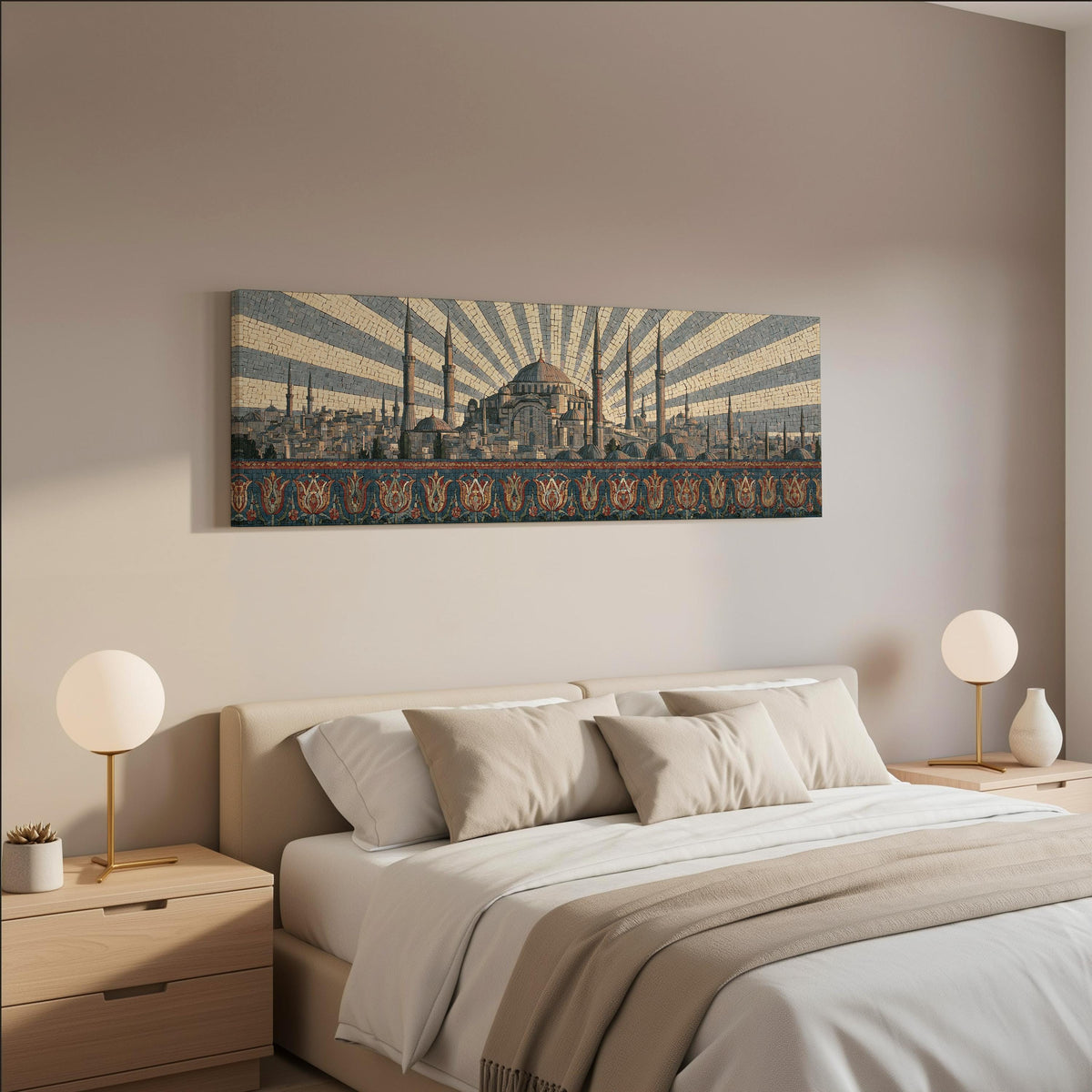 Istanbul skyline at sunrise wide panoramic canvas print above a bed in a neutral bedroom