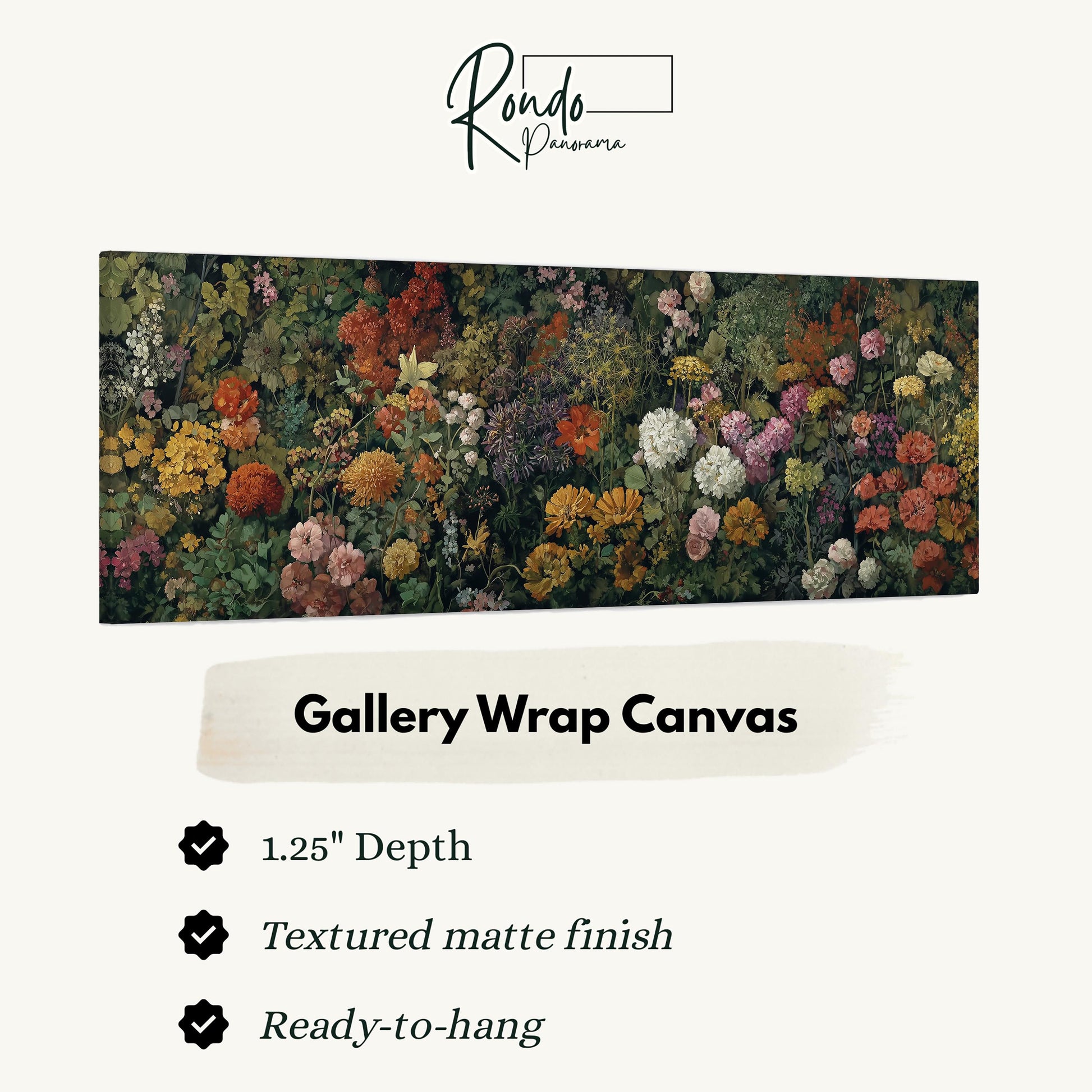 The image is a gallery wrap canvas featuring a vibrant and detailed floral arrangement.