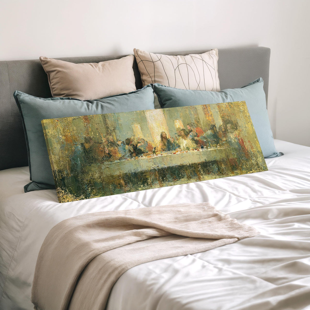 The Last Supper in golden impasto texture wide panoramic canvas print laid on a bed to show its size