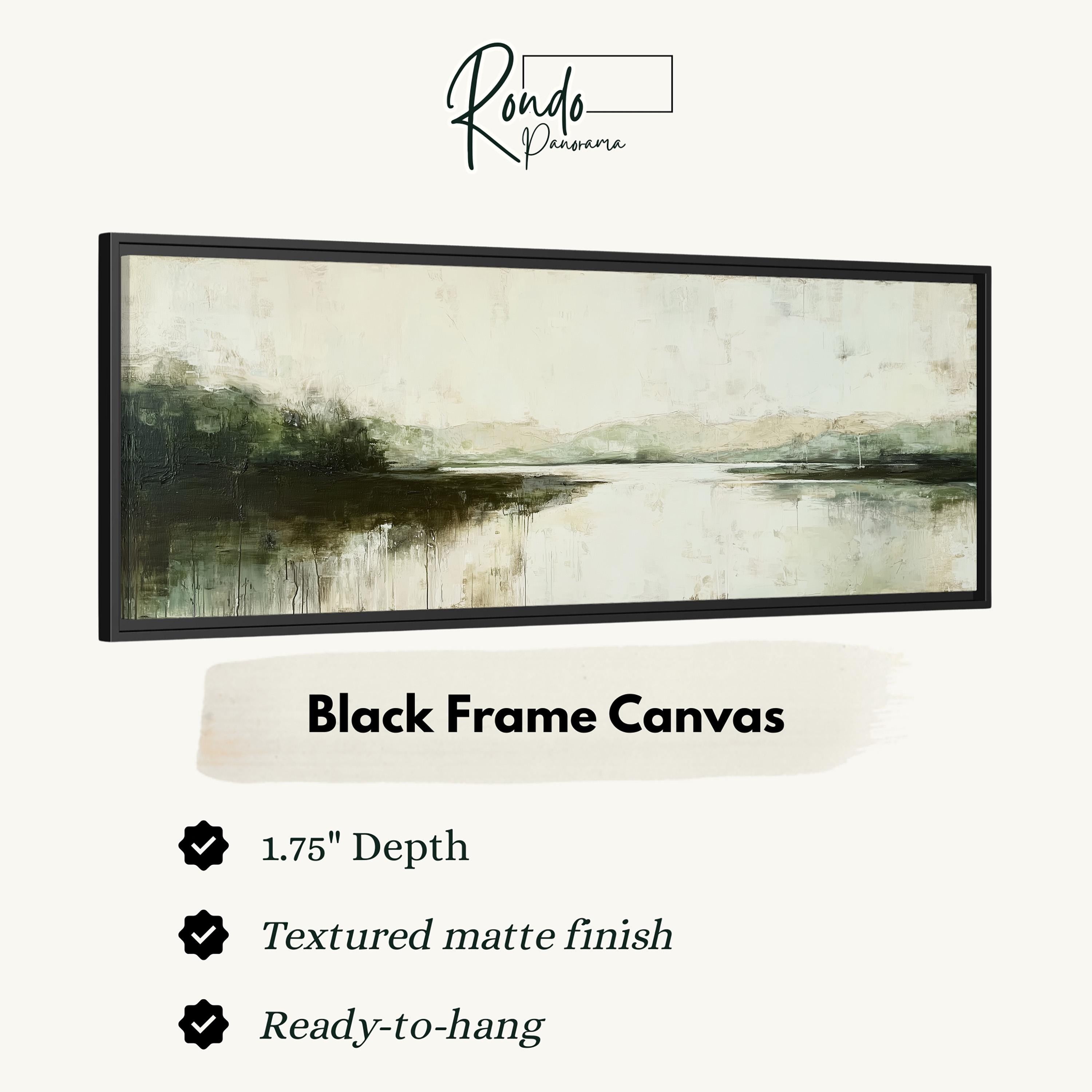 The image is a black frame canvas depicting a landscape with a body of water and trees.