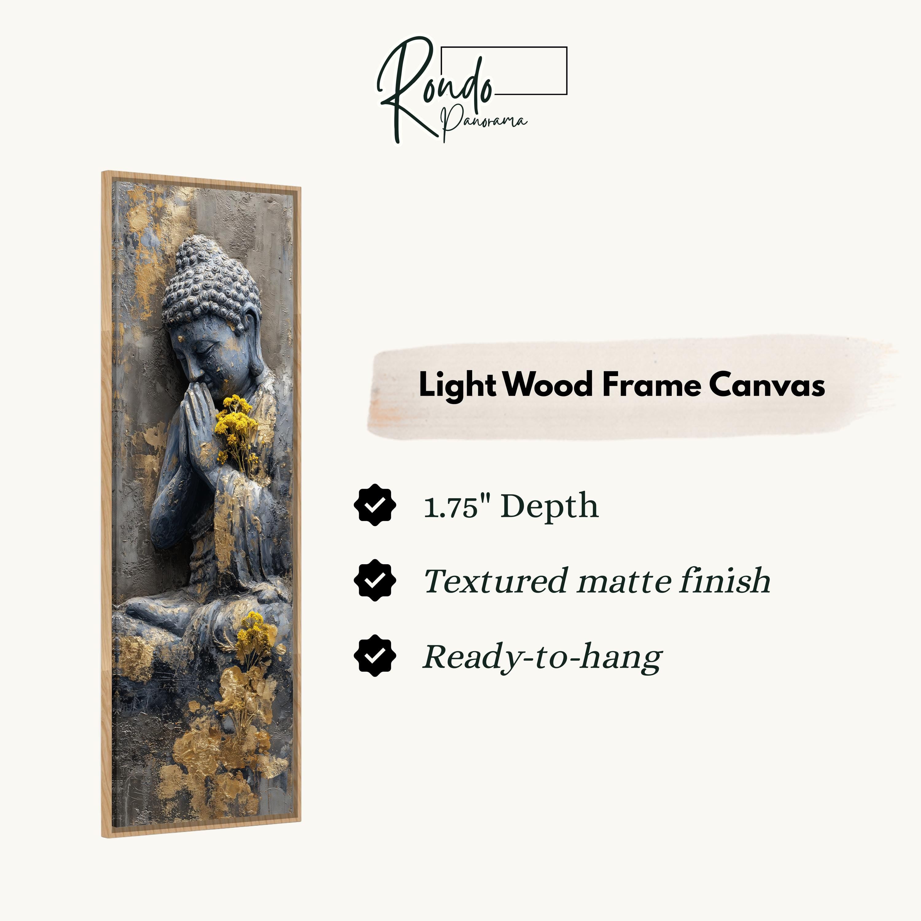 The image is a framed artwork depicting a Buddha statue with a textured finish and a light wood frame.