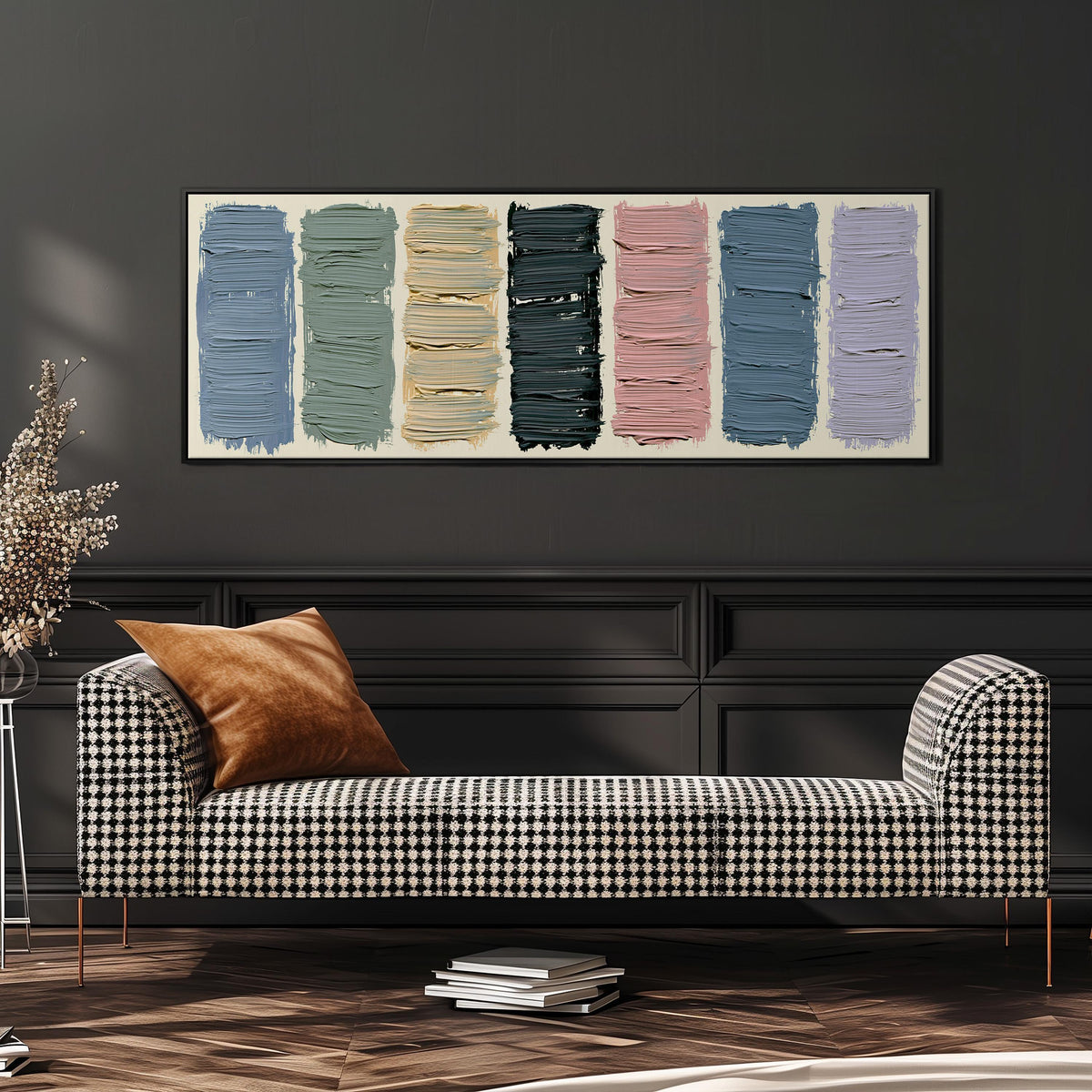 Pastel brushstroke color swatches wide panoramic canvas print above a bench in a dark living room