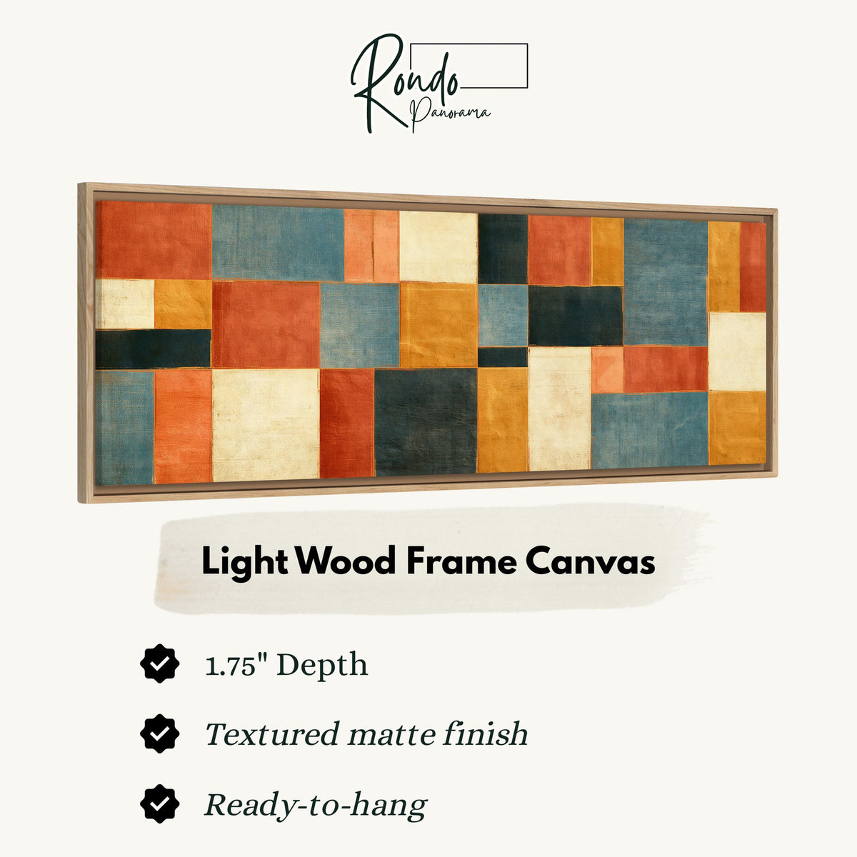 Rust, gold, navy and cream quilt blocks canvas print in a light wood floating frame