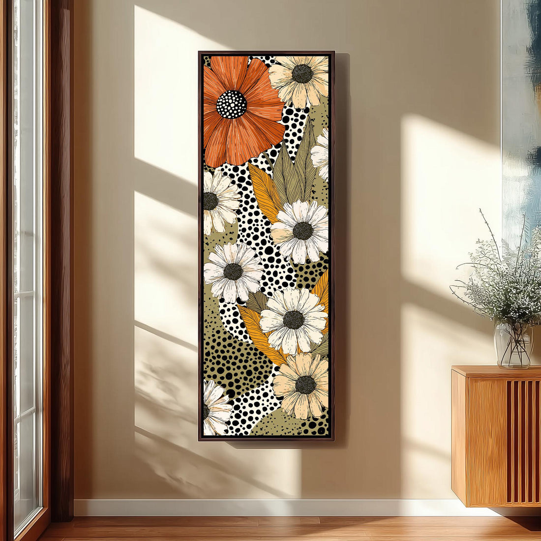 Retro daisies with polka dots long vertical canvas print in a sunlit living space
