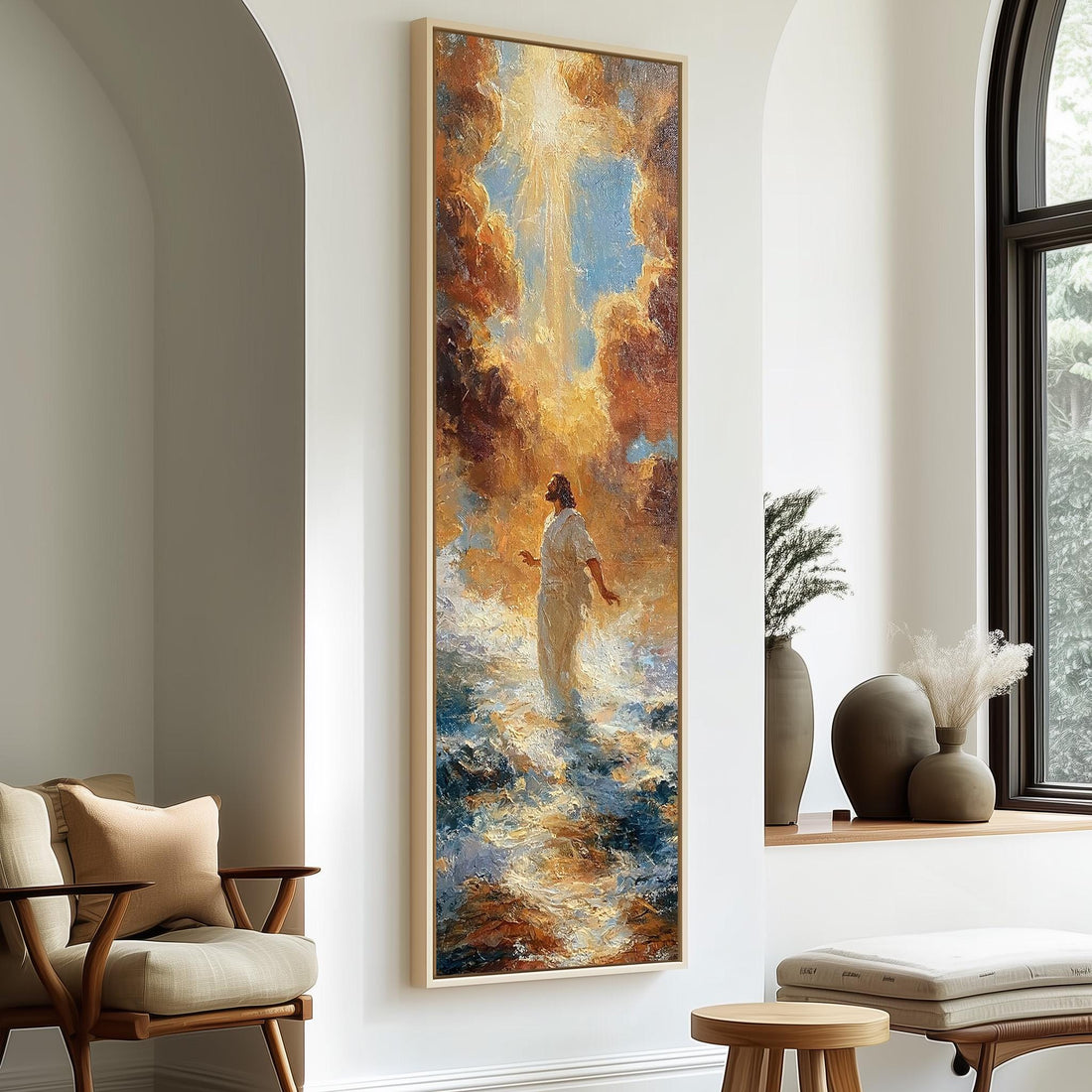 Jesus walking on stormy water in golden light long vertical canvas print in a sunlit living space