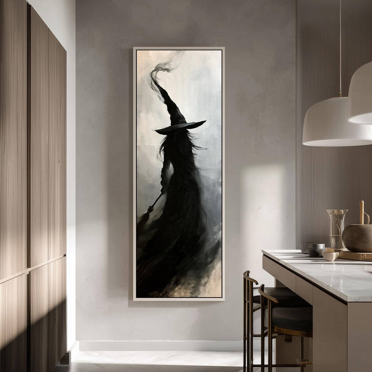 Witch silhouette with a tall hat in smoke tall skinny canvas print in a modern kitchen