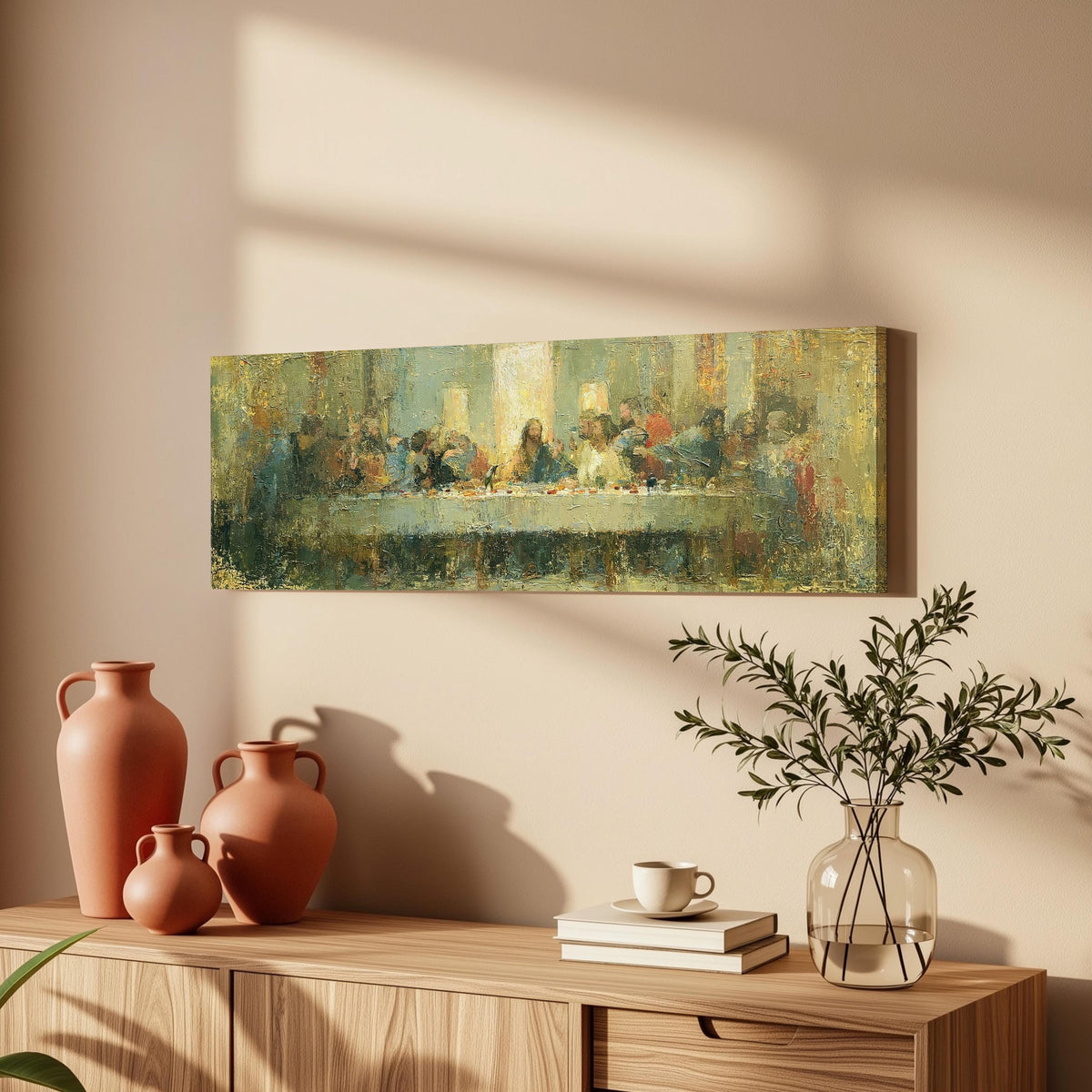 The Last Supper in golden impasto texture long horizontal canvas print above a wooden sideboard