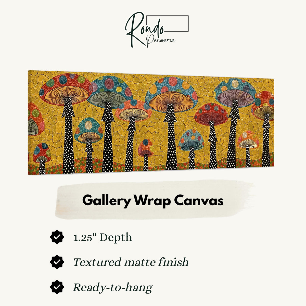 Polka dot mushrooms on gold gallery wrap canvas with the image wrapped around the edges