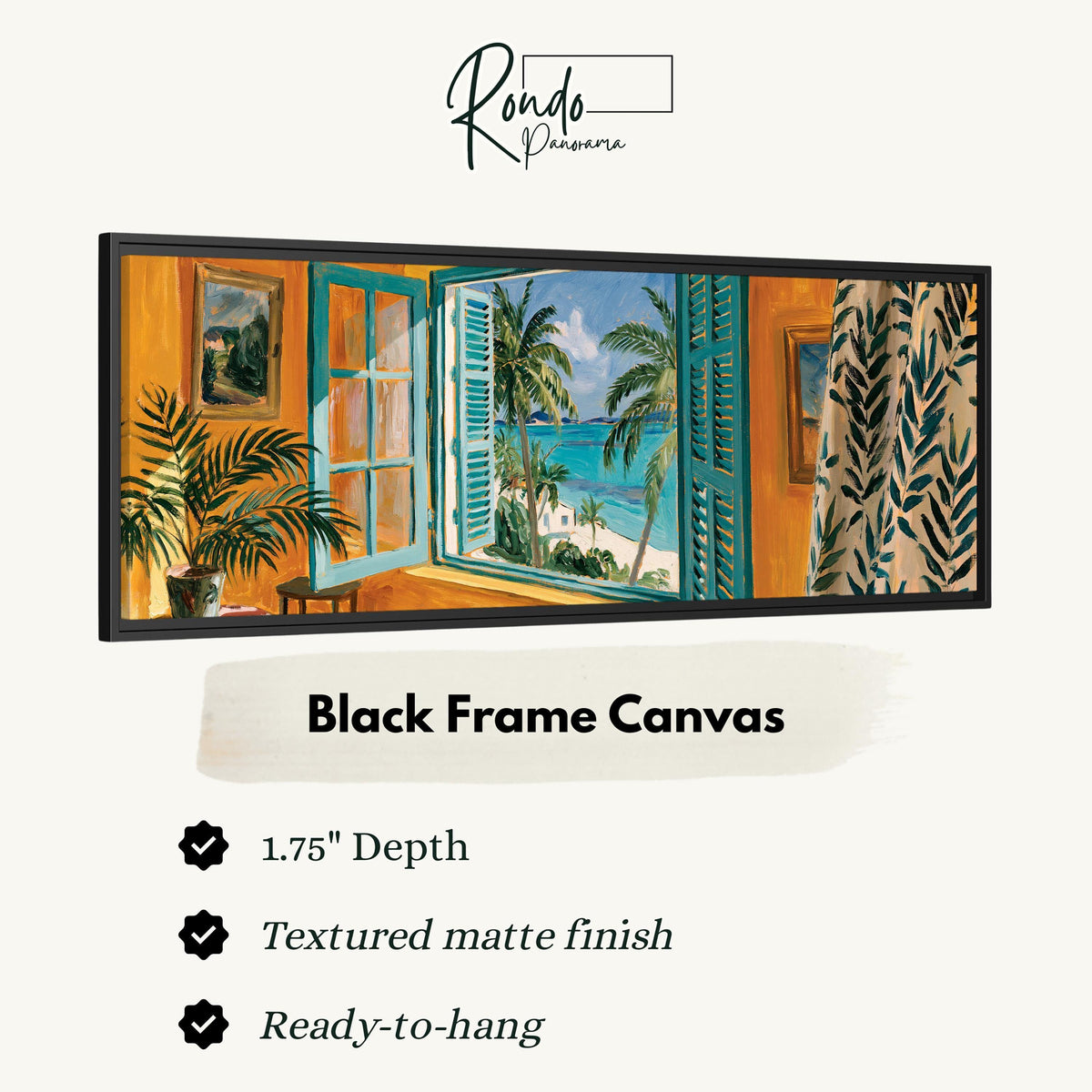 Beach house window overlooking palms and sea canvas print in a black floating frame