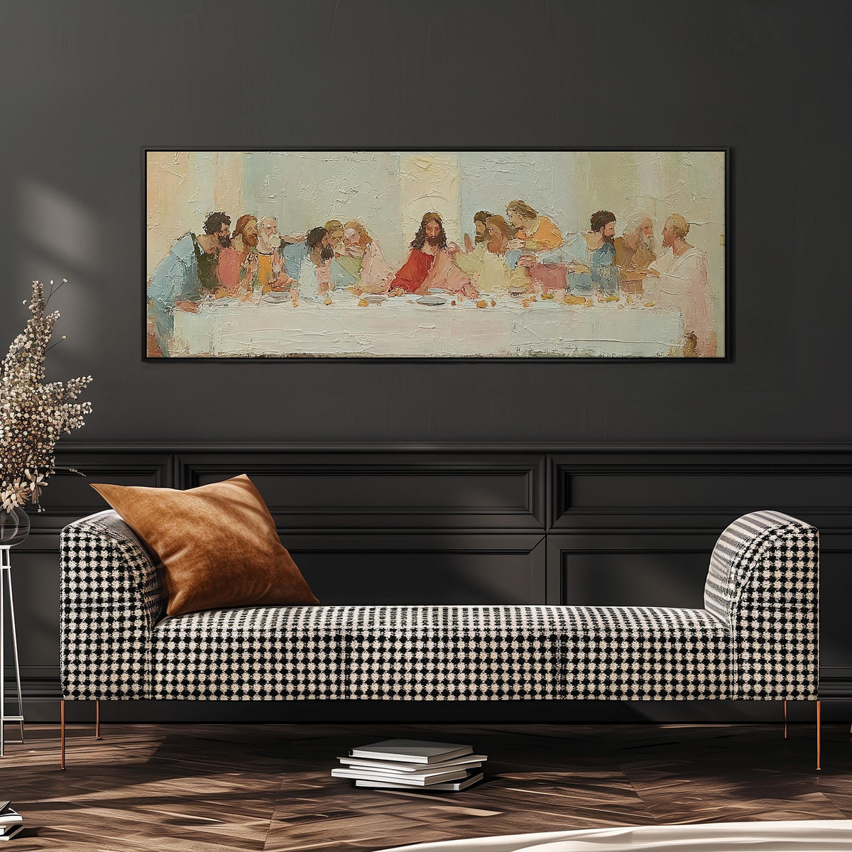 The Last Supper in a classic style long horizontal canvas print above a dining table