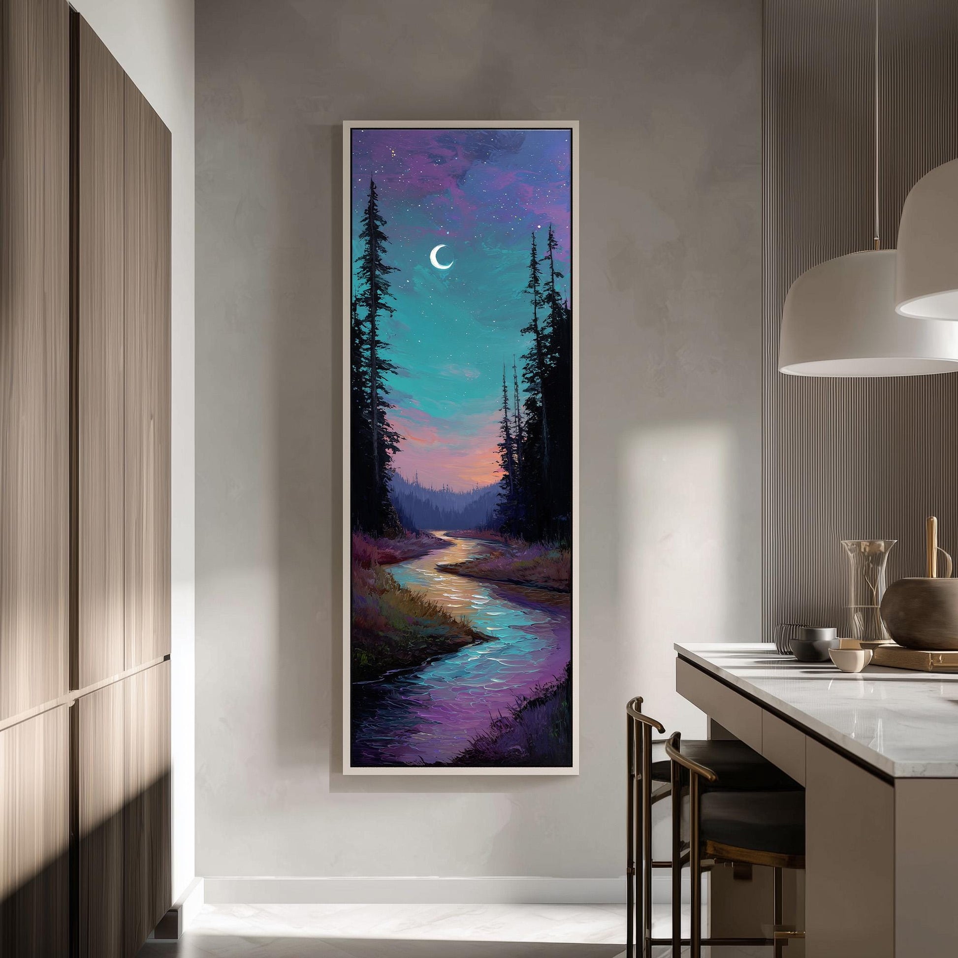 a large, colorful painting of a forest scene with a river and a crescent moon in the night sky.