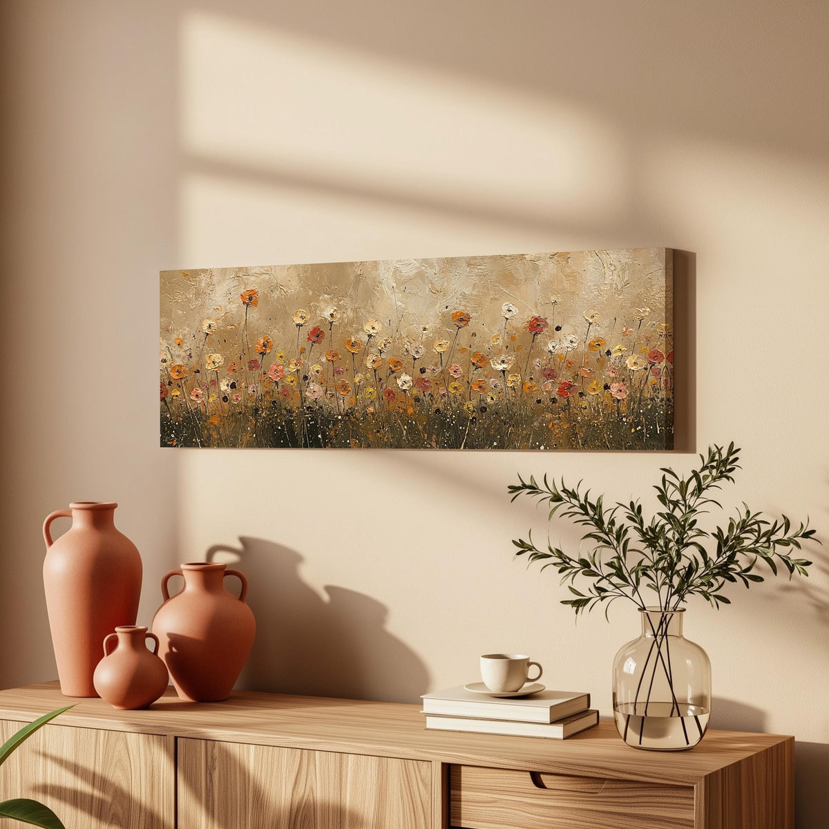 Golden wildflower field long horizontal canvas print above a wooden sideboard