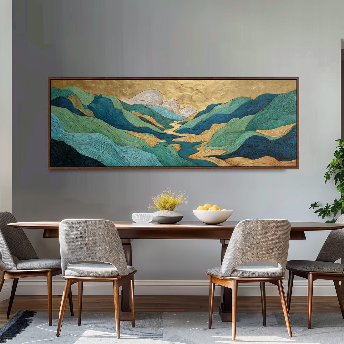 a large, colorful painting of mountains hanging on a wall above a brown sofa.