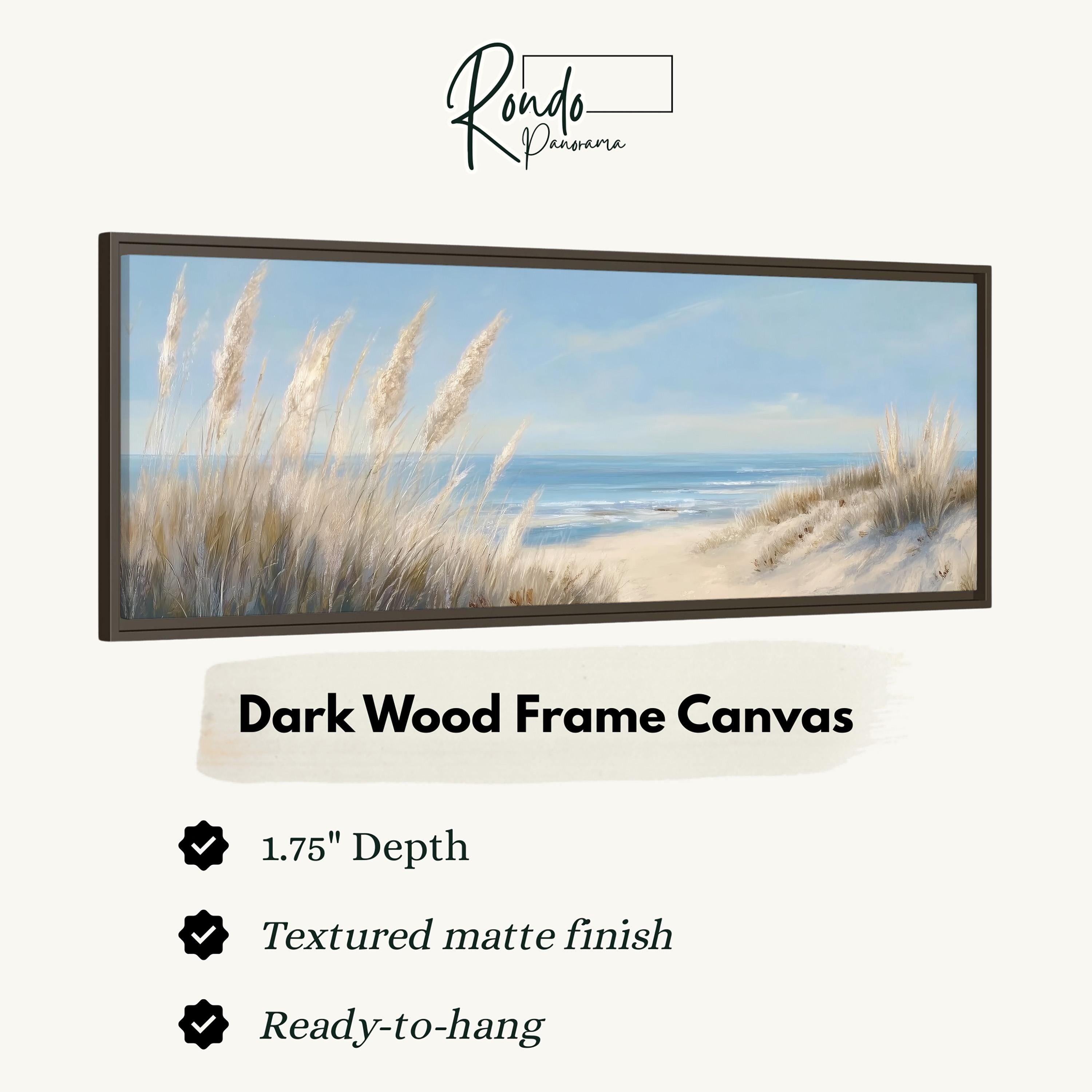 The image is a framed canvas depicting a beach scene with tall grasses and a sandy beach.