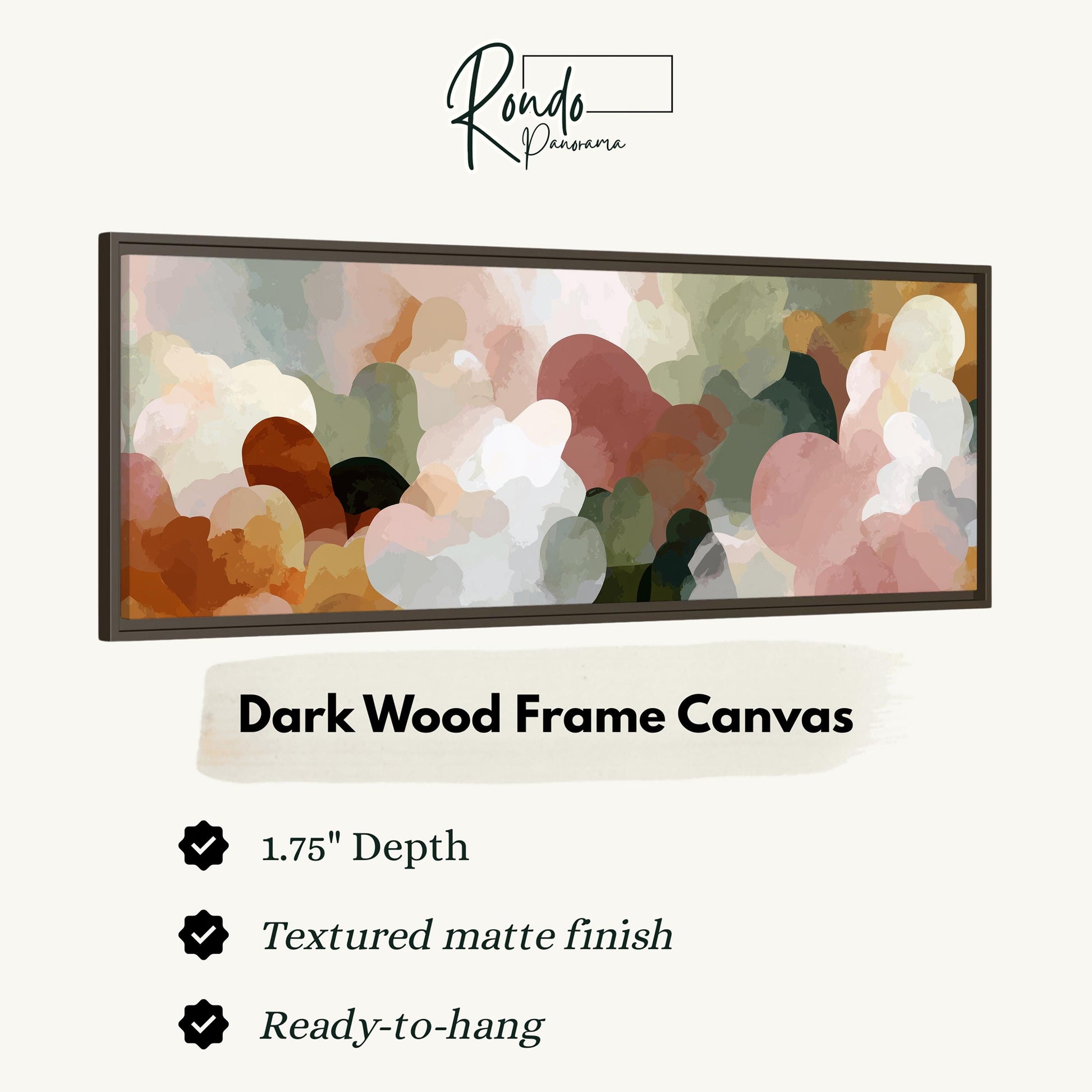 The image is a product advertisement for a dark wood frame canvas. It features a close-up of a colorful abstract painting with a text description of the product.