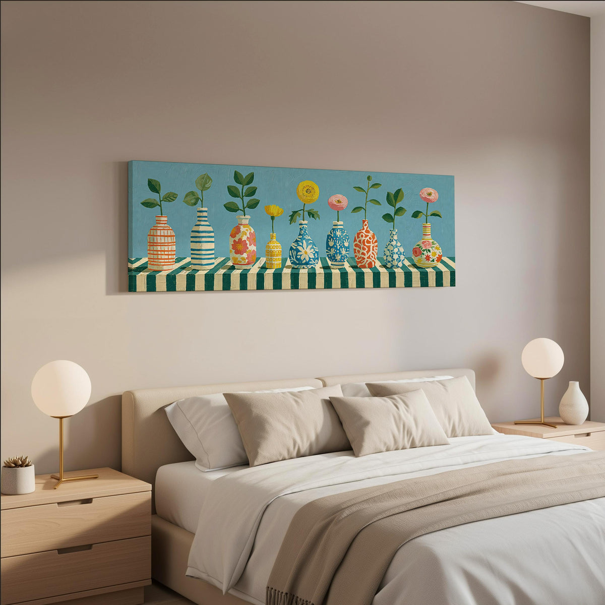 Row of striped vases with flowers wide panoramic canvas print above a bed in a neutral bedroom