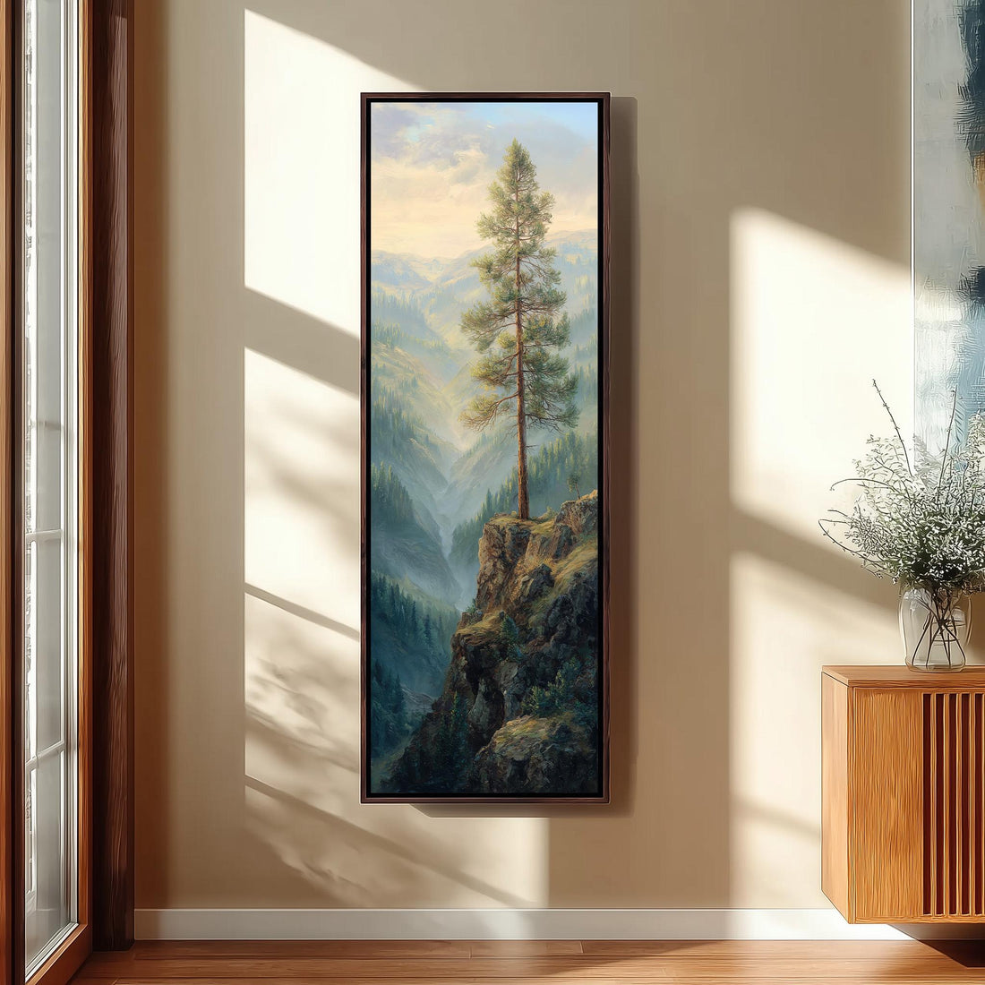 a large painting of a tall pine tree on a wall, with a mountainous landscape in the background.