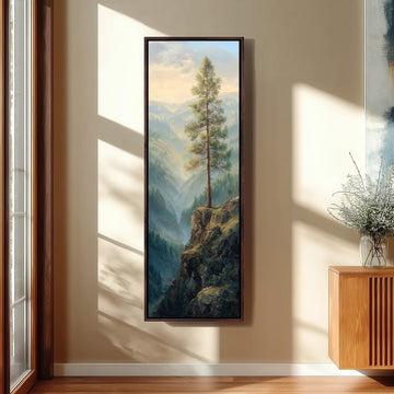 a large painting of a tall pine tree on a wall, with a mountainous landscape in the background.