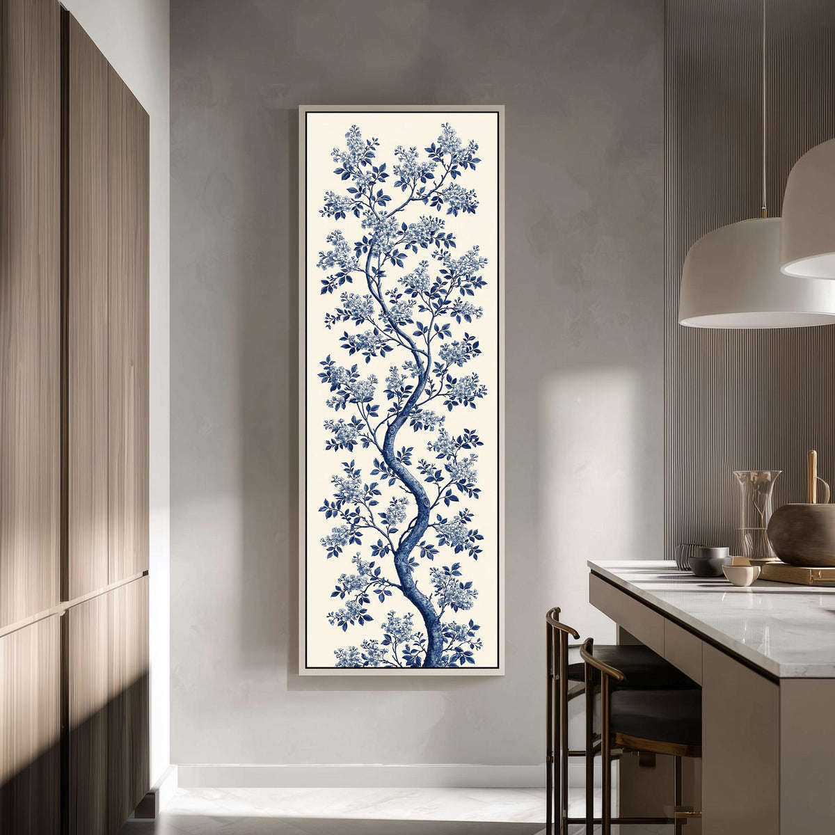 Blue chinoiserie blossom branch on cream tall skinny canvas print in a modern kitchen