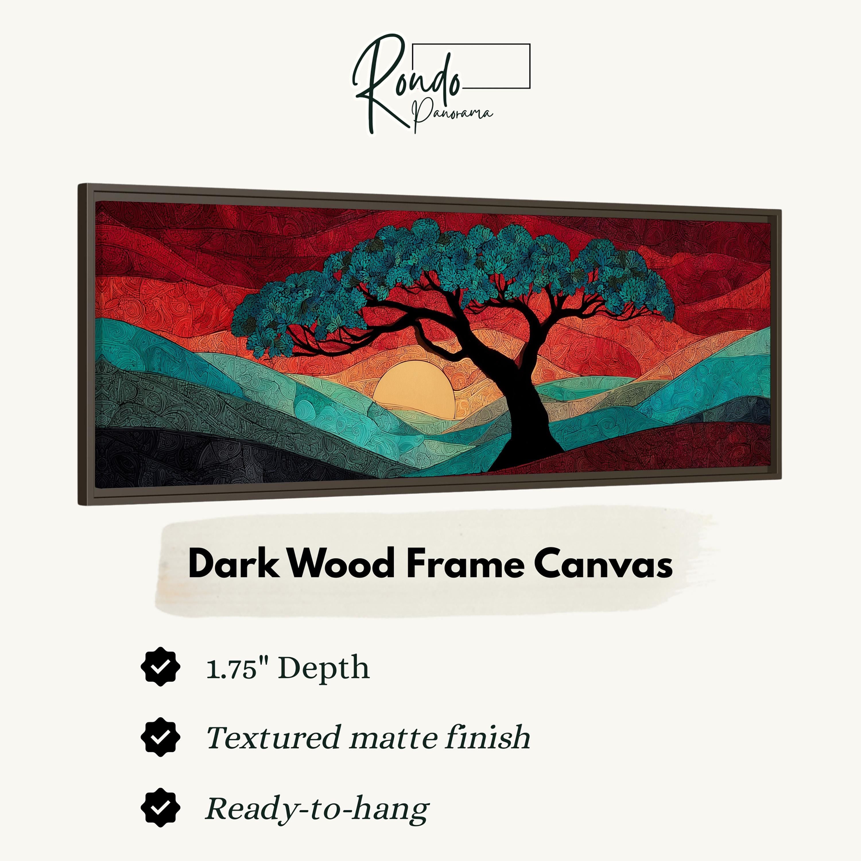 The image is a framed canvas depicting a tree with a sunset in the background.