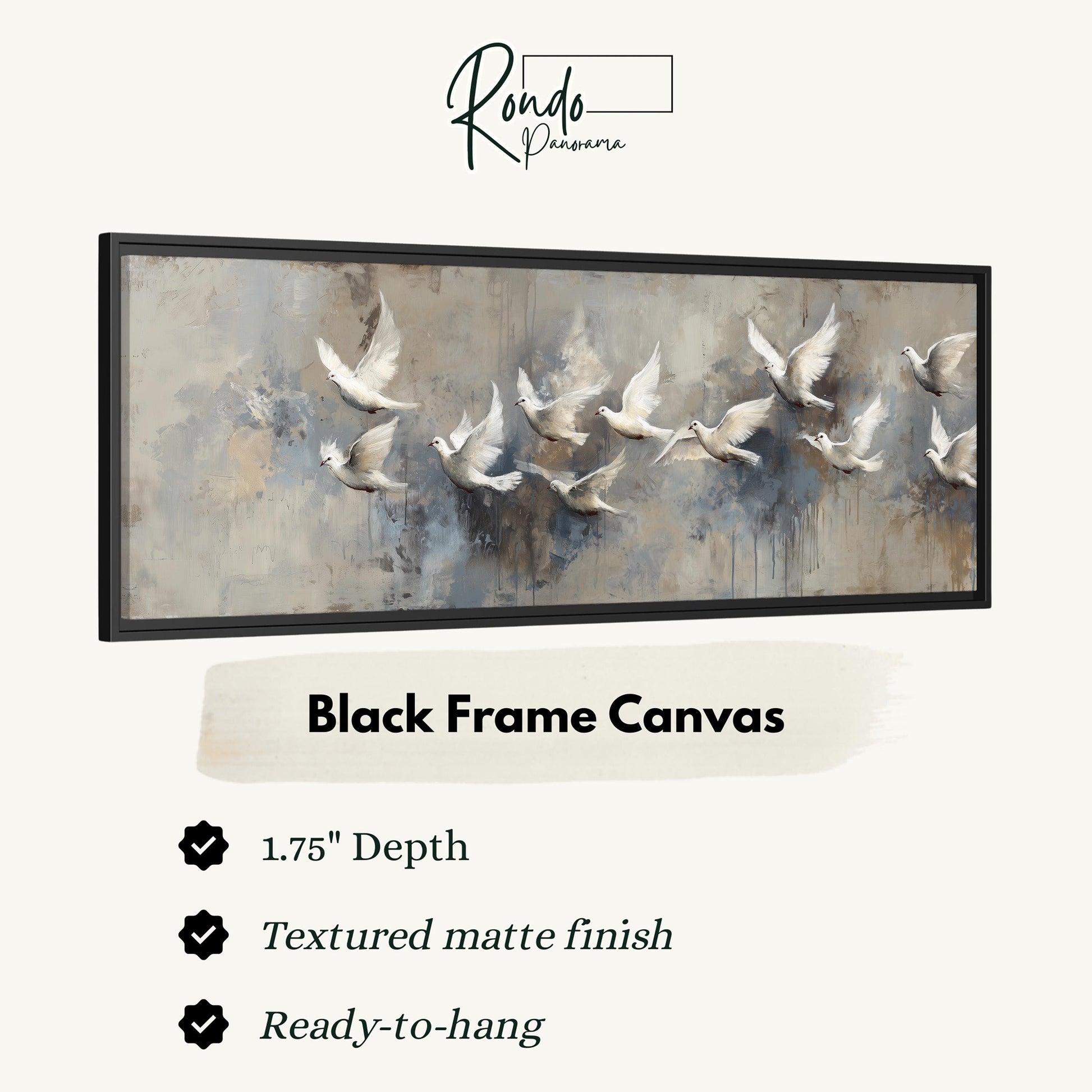 a black frame canvas with a painting of a flock of white birds in flight.