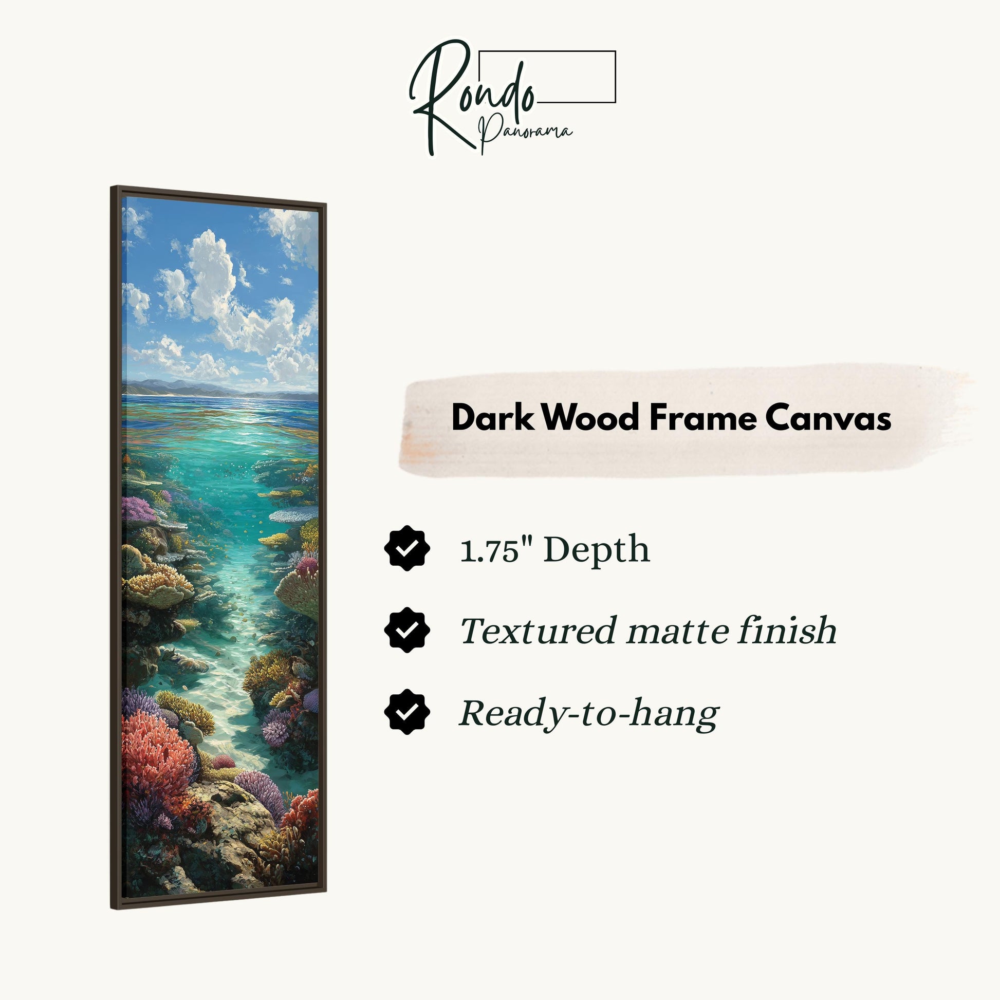 The image is a rectangular dark wood frame canvas depicting a vibrant underwater scene with a coral reef and colorful marine life.