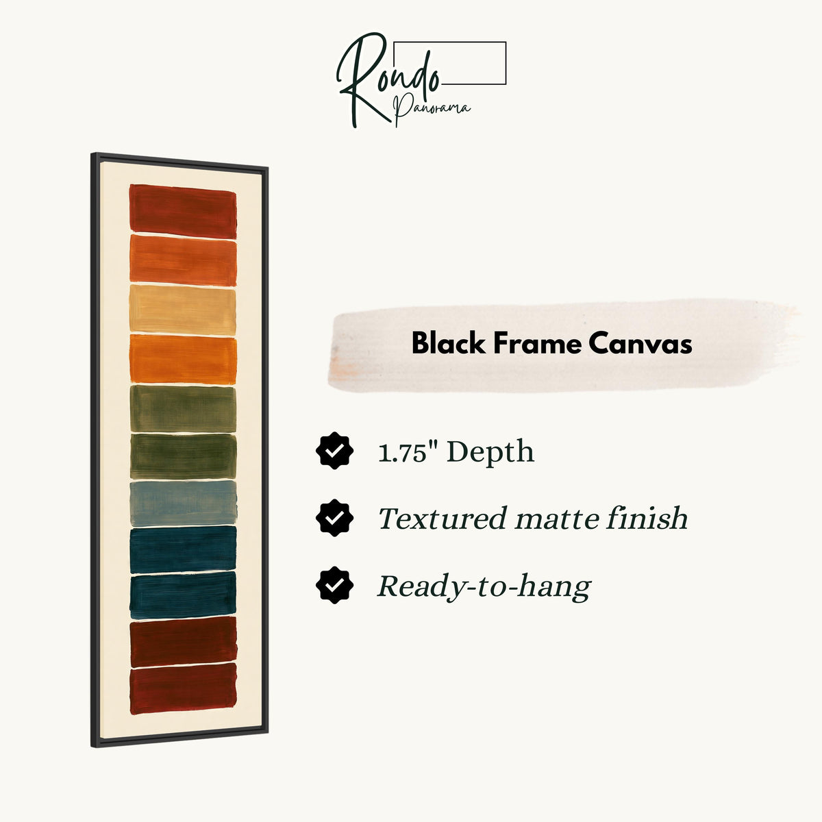 Stack of rust, teal and maroon swatches canvas print in a black floating frame