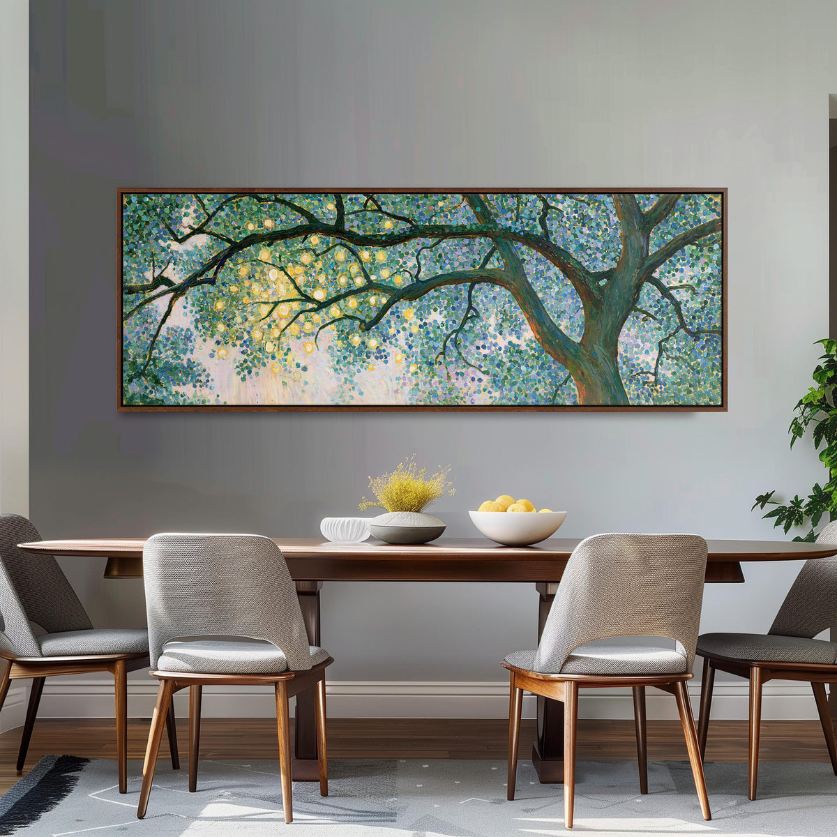 Tree canopy with golden light long horizontal canvas print above a dining table