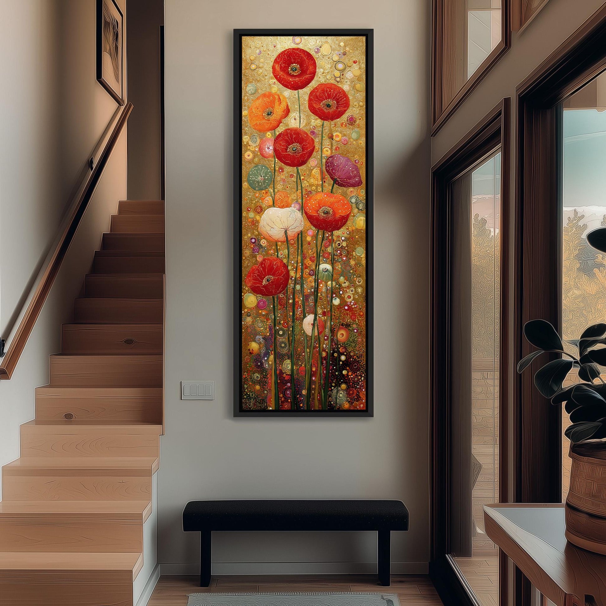 a large, colorful painting of flowers hanging on the wall of a hallway. The painting is framed and appears to be a focal point in the space.