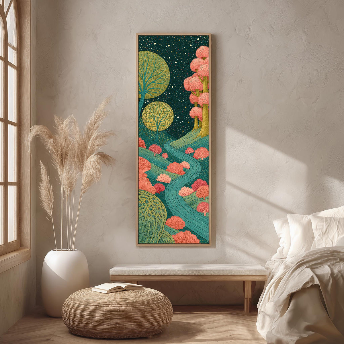 Moonlit path through blossom trees long vertical canvas print in a bright reading corner