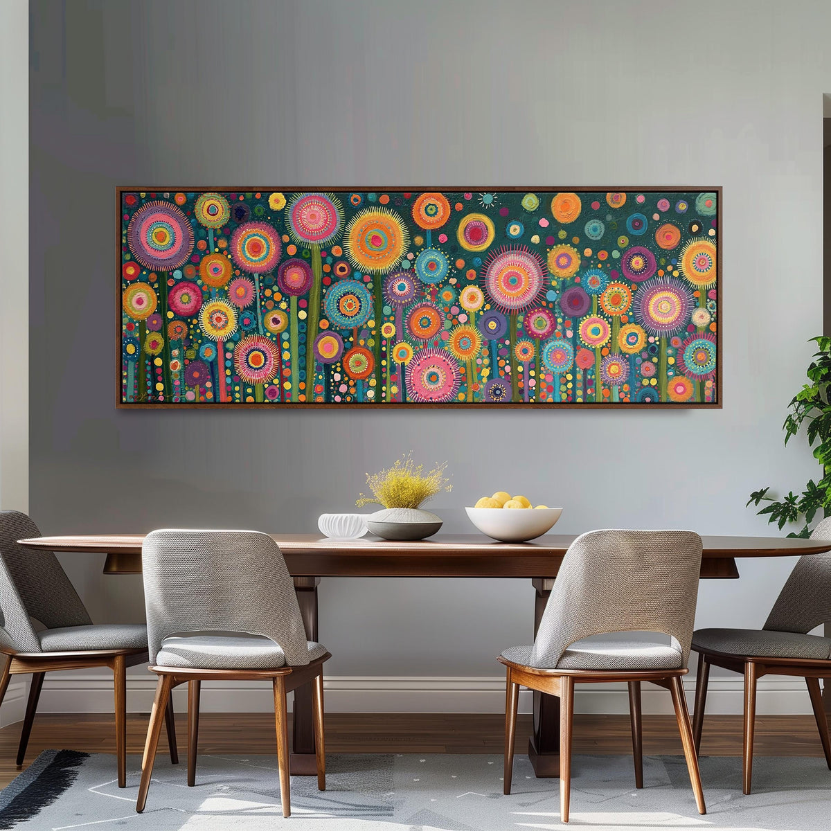 Circle flower garden on teal long horizontal canvas print above a dining table
