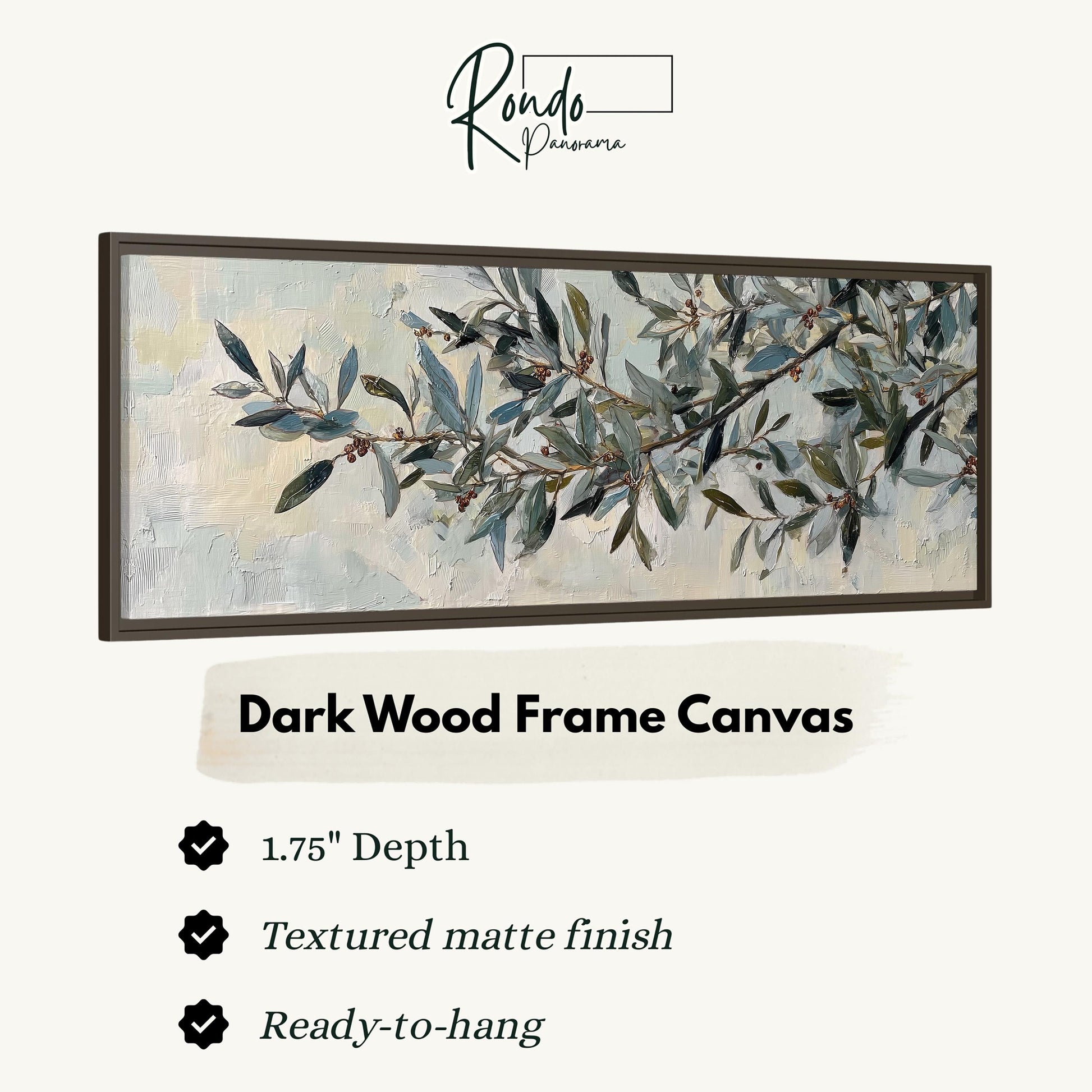 The image is a framed artwork depicting a branch with green leaves and small berries. The frame is described as a dark wood frame canvas, with a 1.75" depth and a textured matte finish. It is ready to hang.