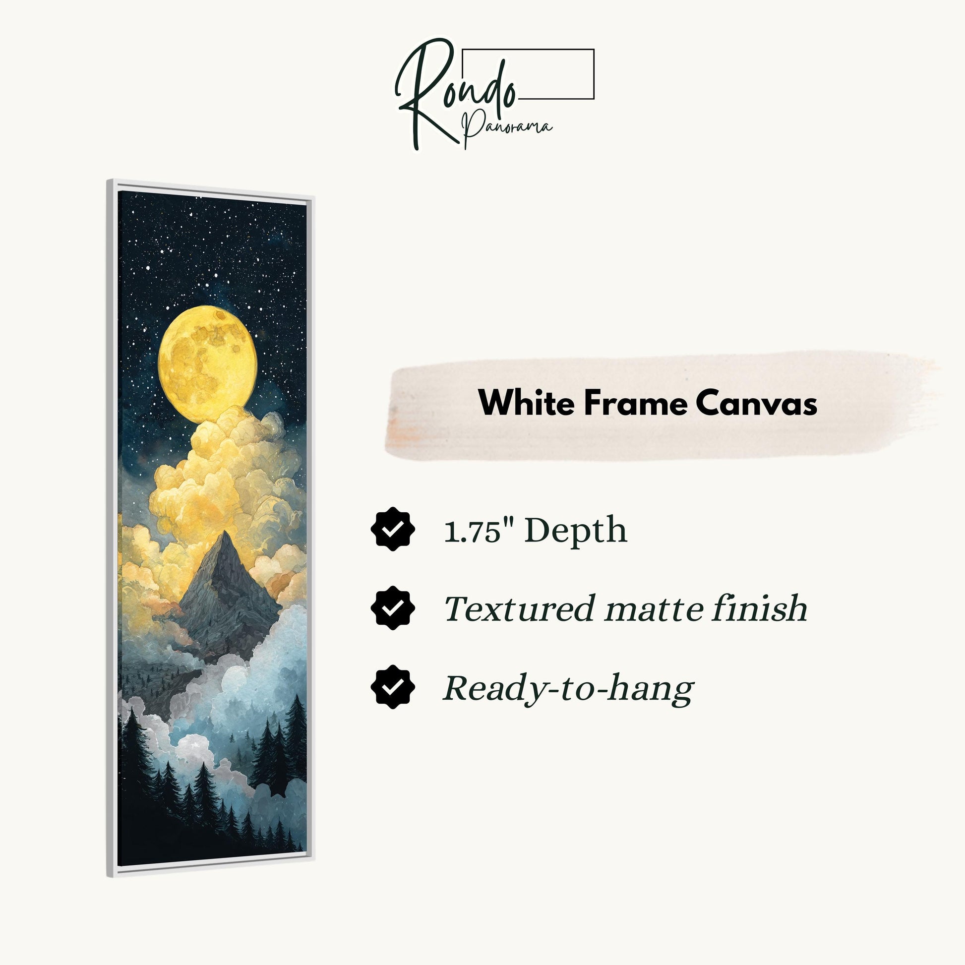 The image is a white frame canvas depicting a night sky with a large, bright yellow moon and clouds.