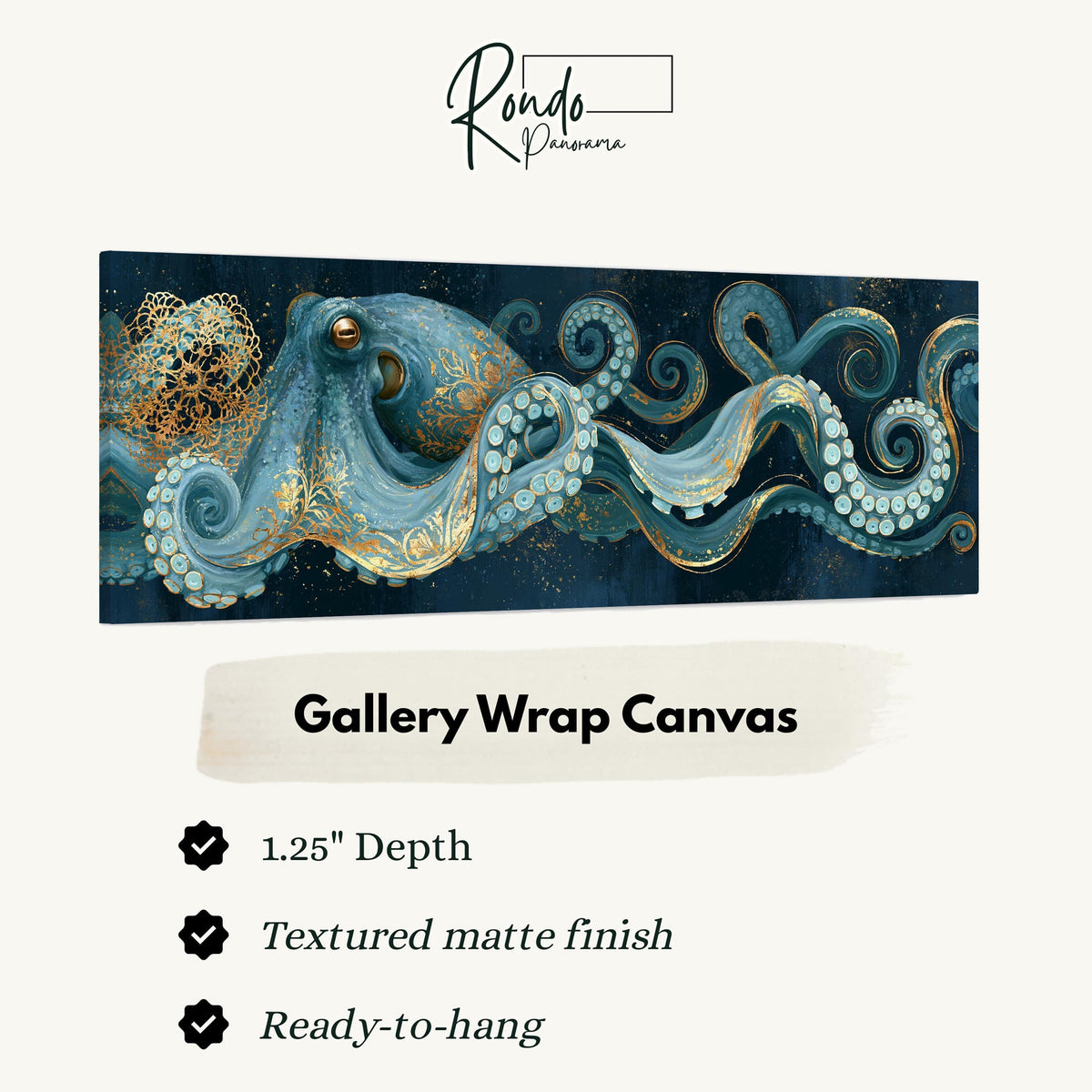 Blue and gold octopus gallery wrap canvas with the image wrapped around the edges