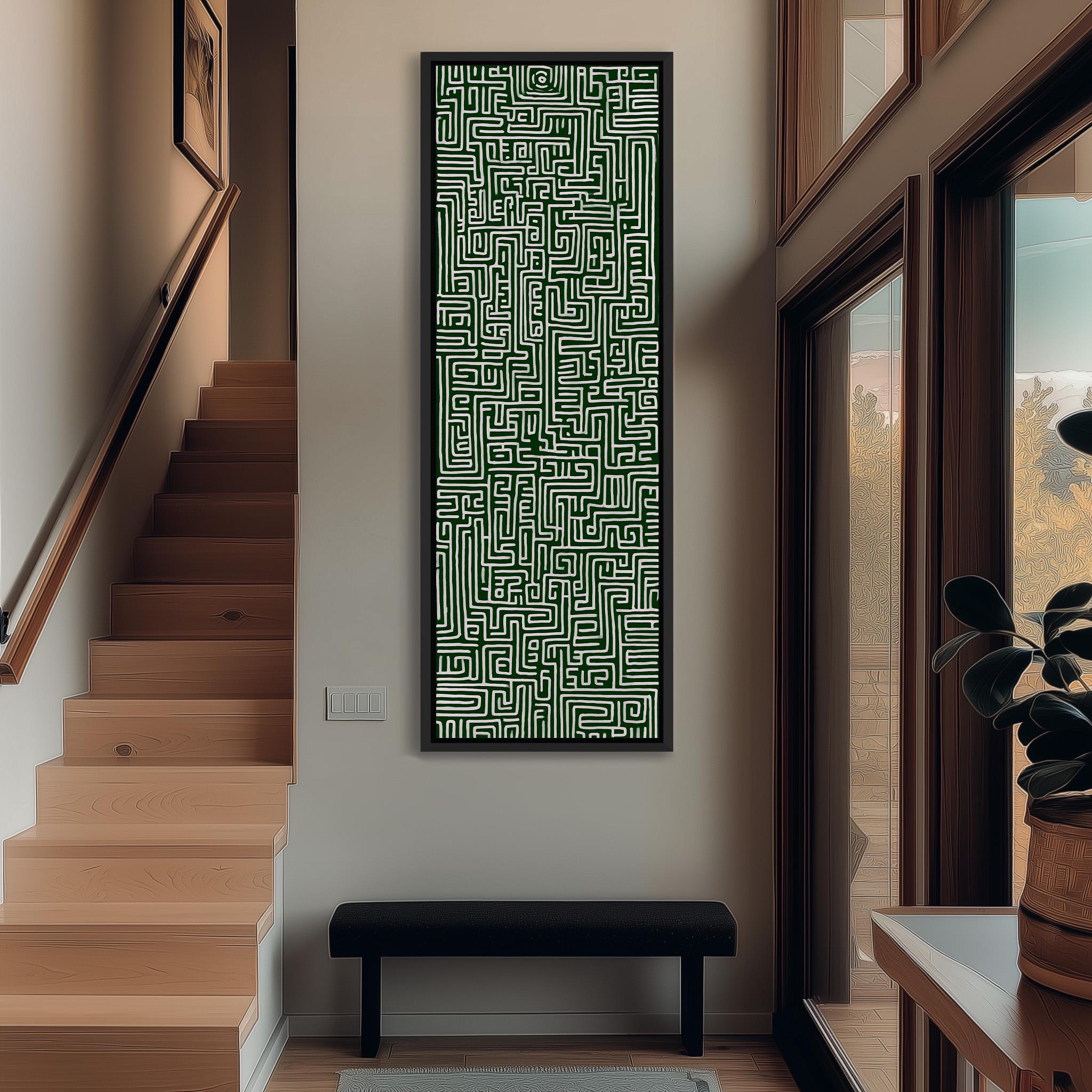 a hallway with a large green and white abstract painting hanging on the wall, a wooden staircase, a black bench, and a potted plant.