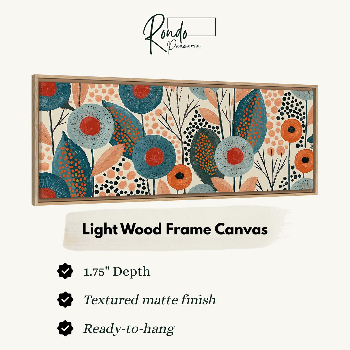 Teal poppies and speckled leaves canvas print in a light wood floating frame