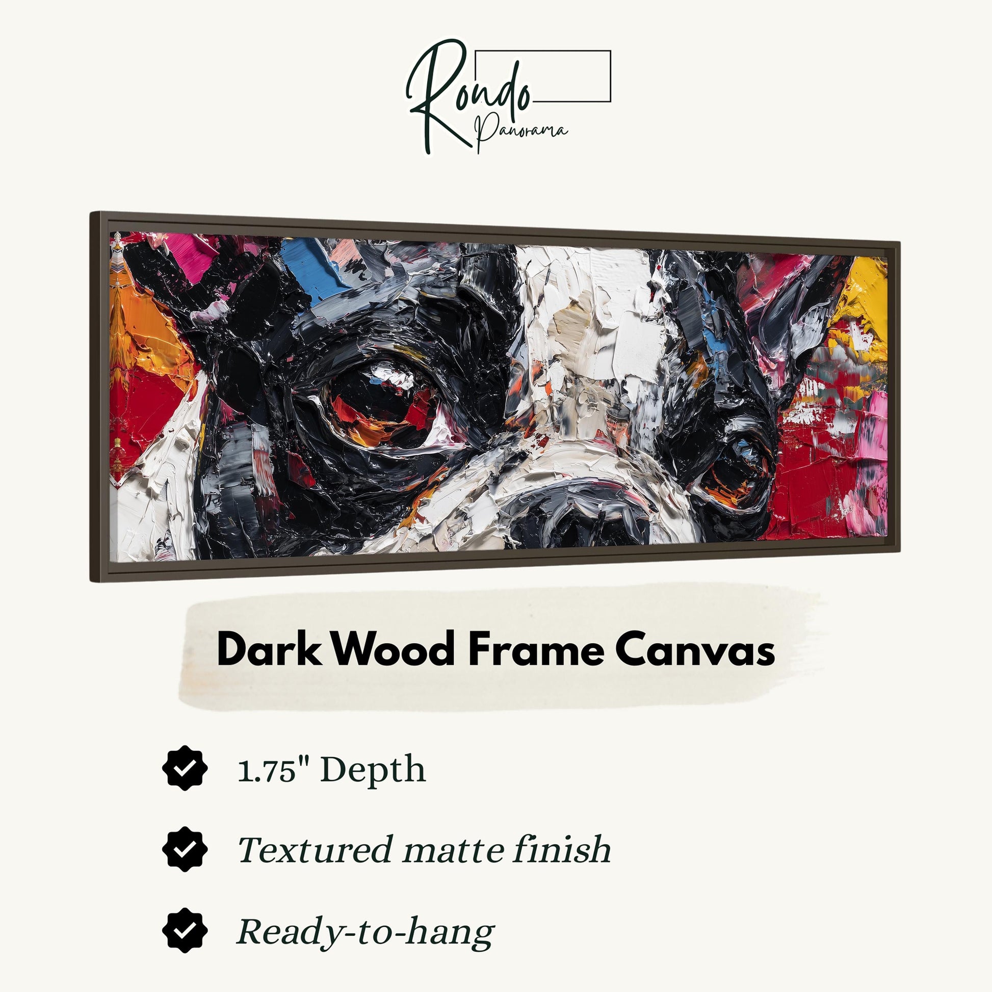 The image is a close-up of a black and white dog's face, with a dark wood frame around it.
