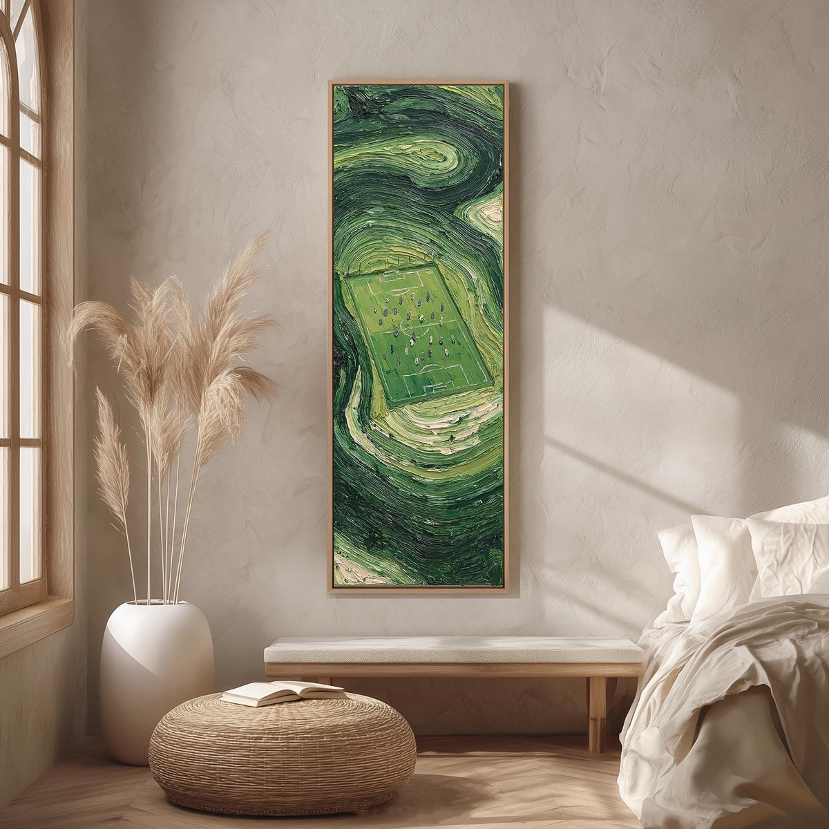 Aerial soccer field surrounded by swirling green long vertical canvas print in a bright reading corner