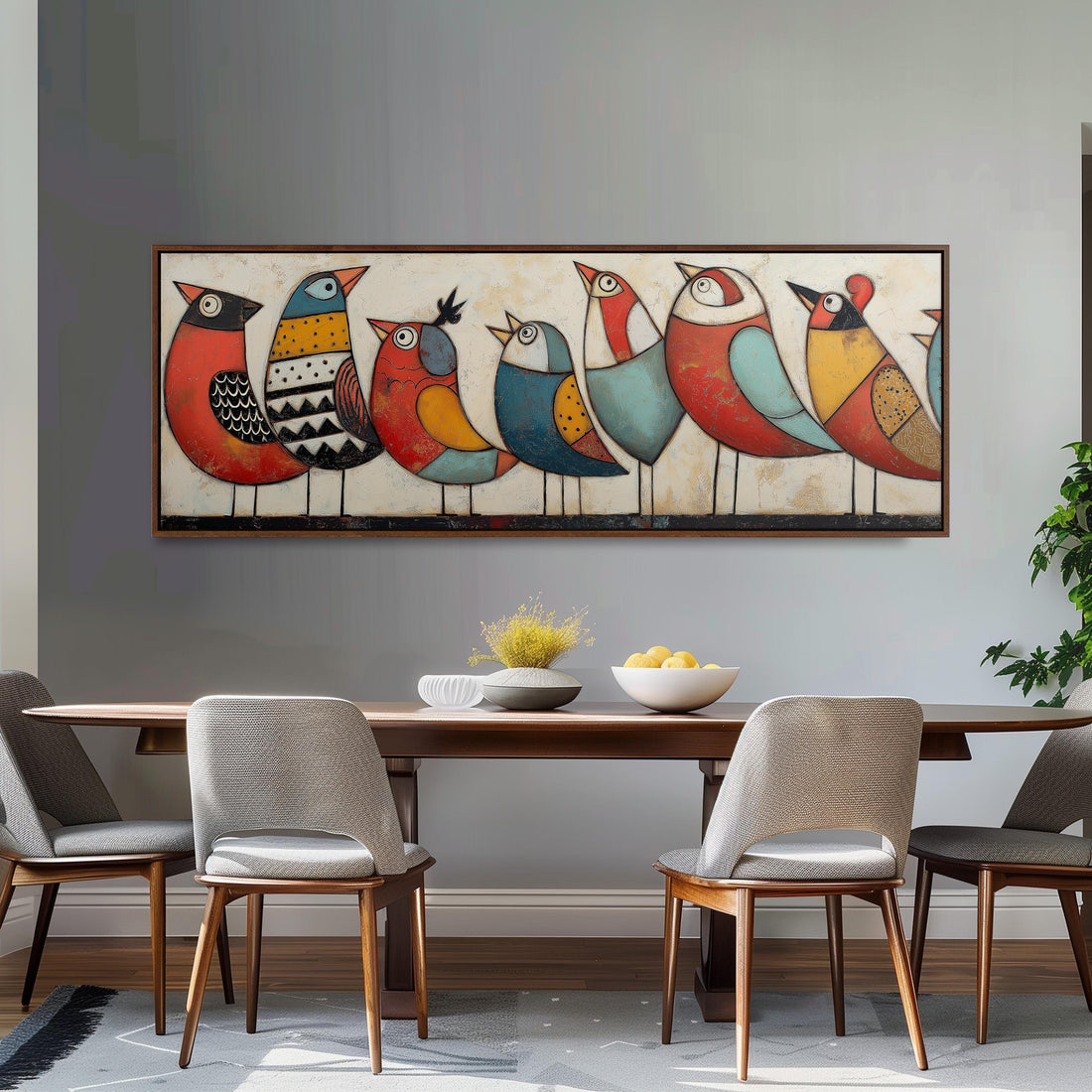 a large, colorful painting of nine birds arranged in a row on a wall above a brown sofa.