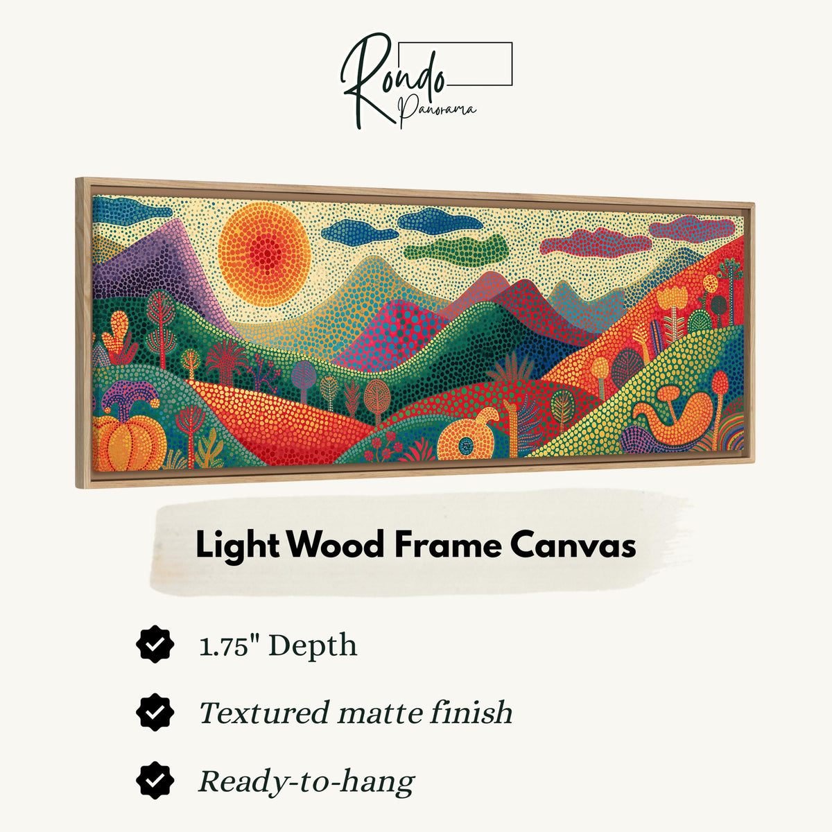Dotted mountains under a sunburst canvas print in a light wood floating frame