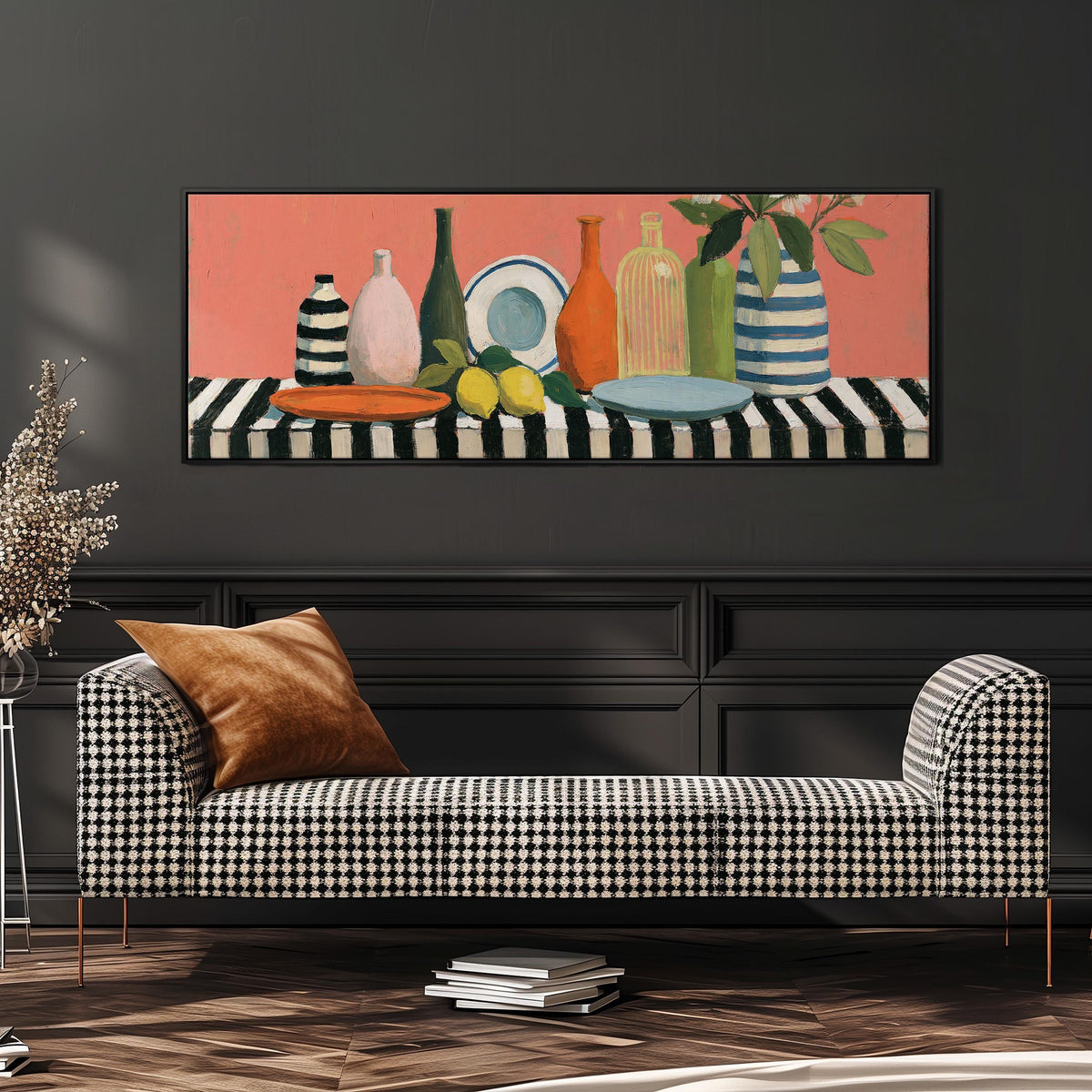 Bottles and lemons still life long horizontal canvas print above a dining table