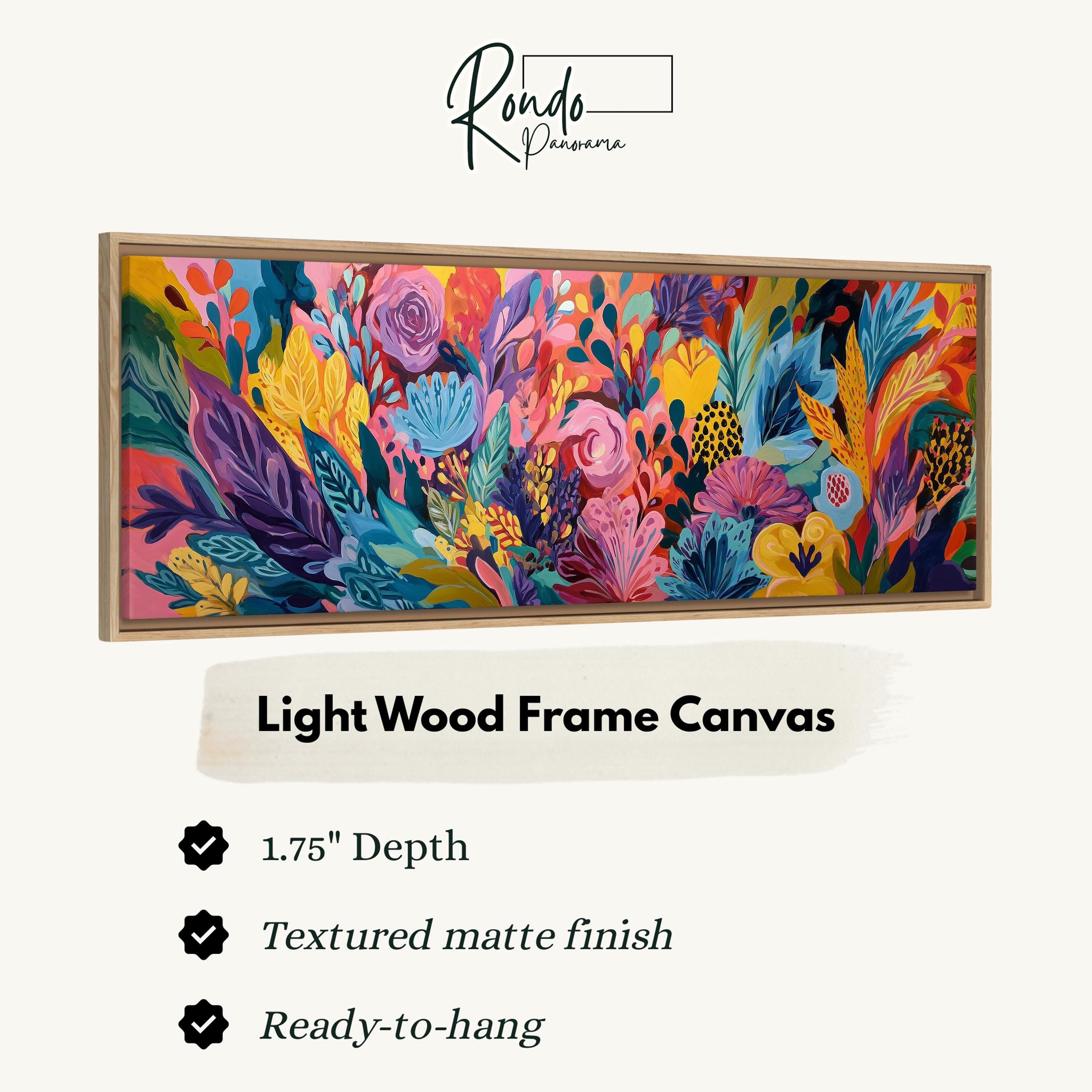 The image is a colorful, abstract painting in a light wood frame.