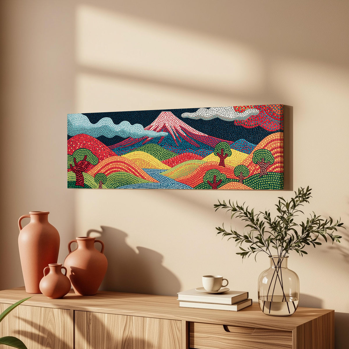 Mount Fuji above rainbow dotted hills long horizontal canvas print above a wooden sideboard