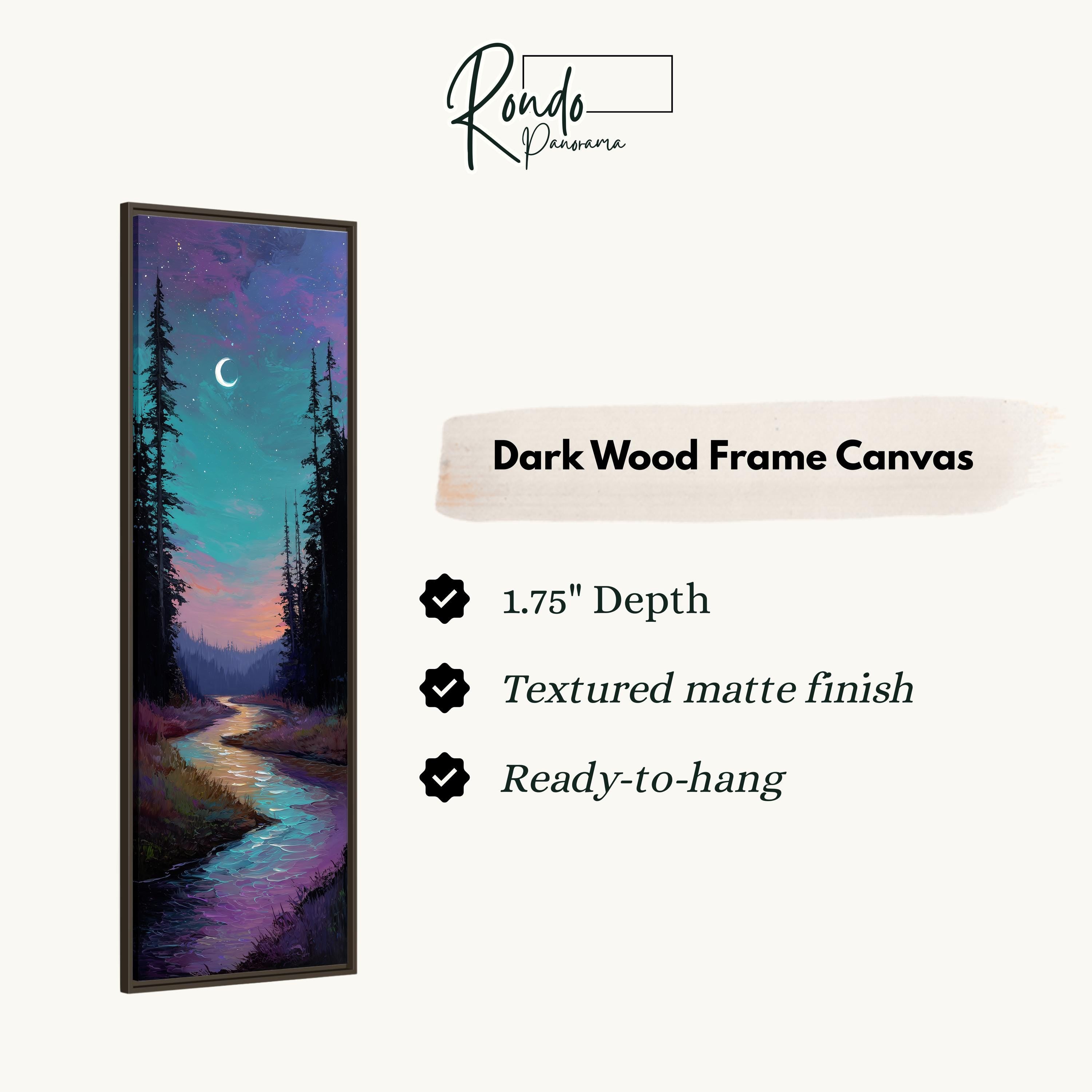 The image is a dark wood frame canvas depicting a serene landscape with a river and trees under a night sky.