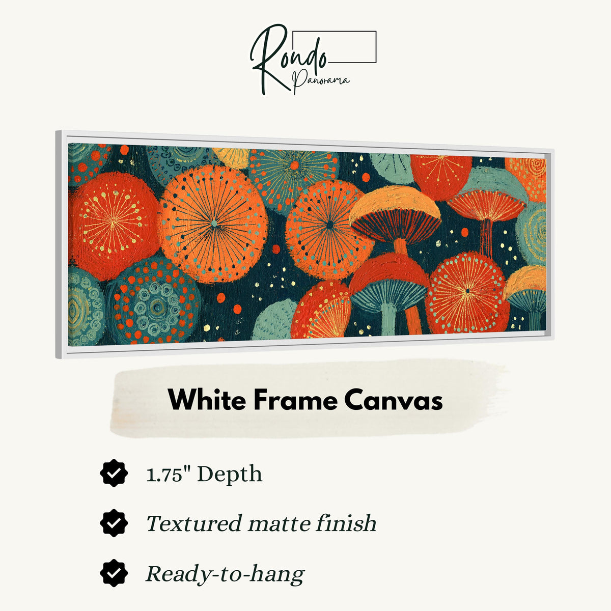 Orange and teal mushroom starburst canvas print in a white floating frame