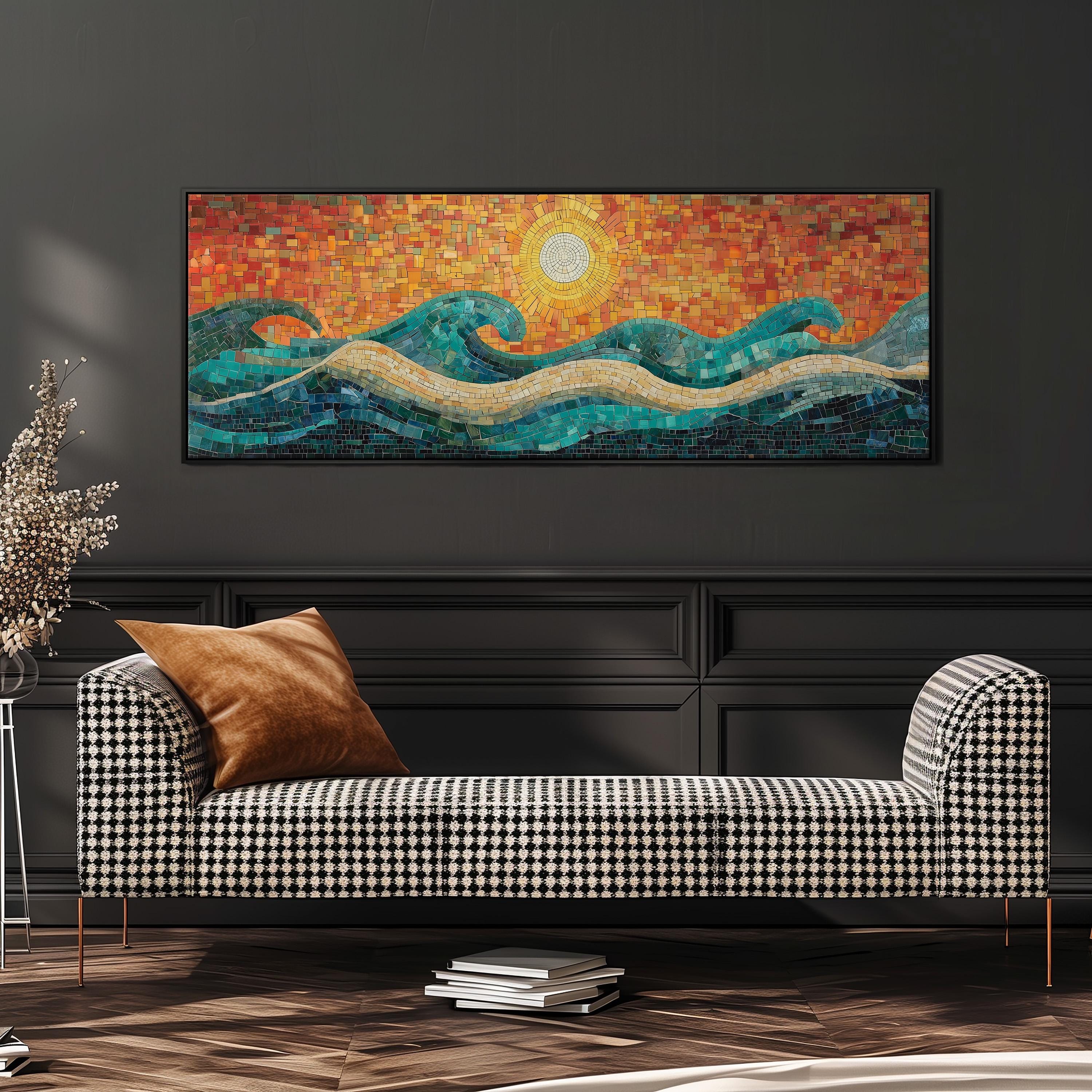 a large, colorful mosaic artwork depicting a seascape with waves and a sun in the background, hanging on a wall above a black and white checkered sofa.